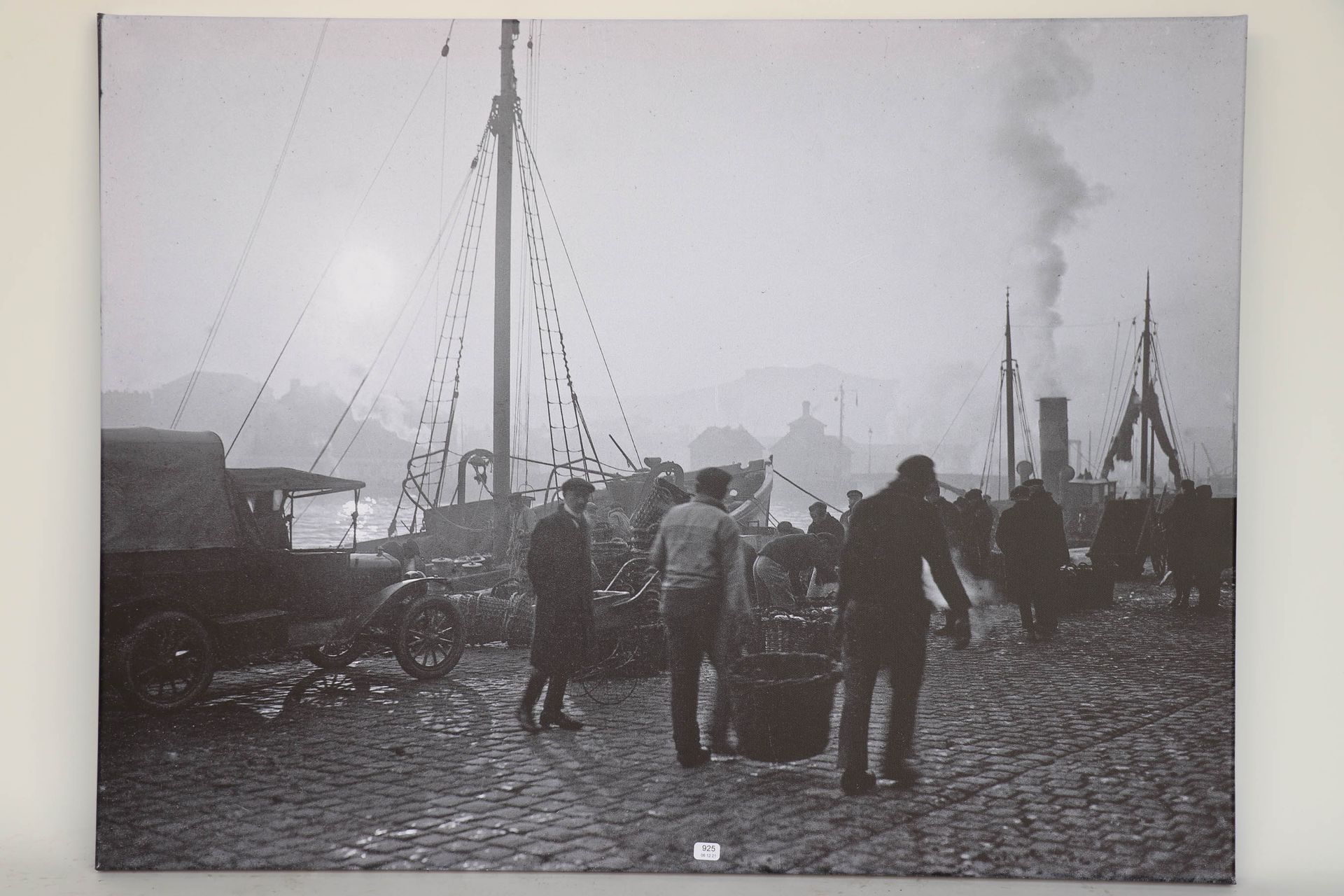 Null 巴兹尔-古斯塔夫。"码头上的渔夫和马车"。古斯塔夫-巴赞（1893/1941）根据玻璃板制作的布面照片。60 x 80.