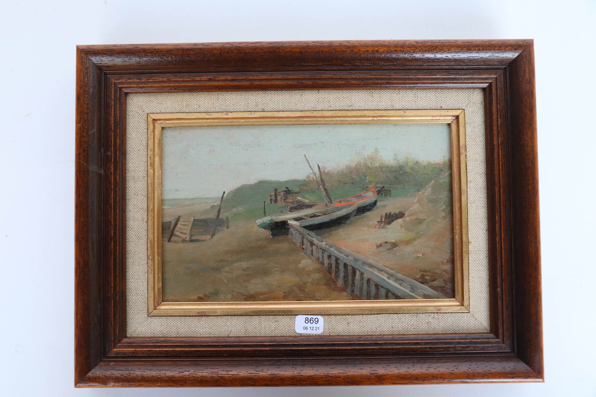 Null LEVERT Leopold (?/1882)的作品《海滩上的船》。板上油彩。13 x 21.