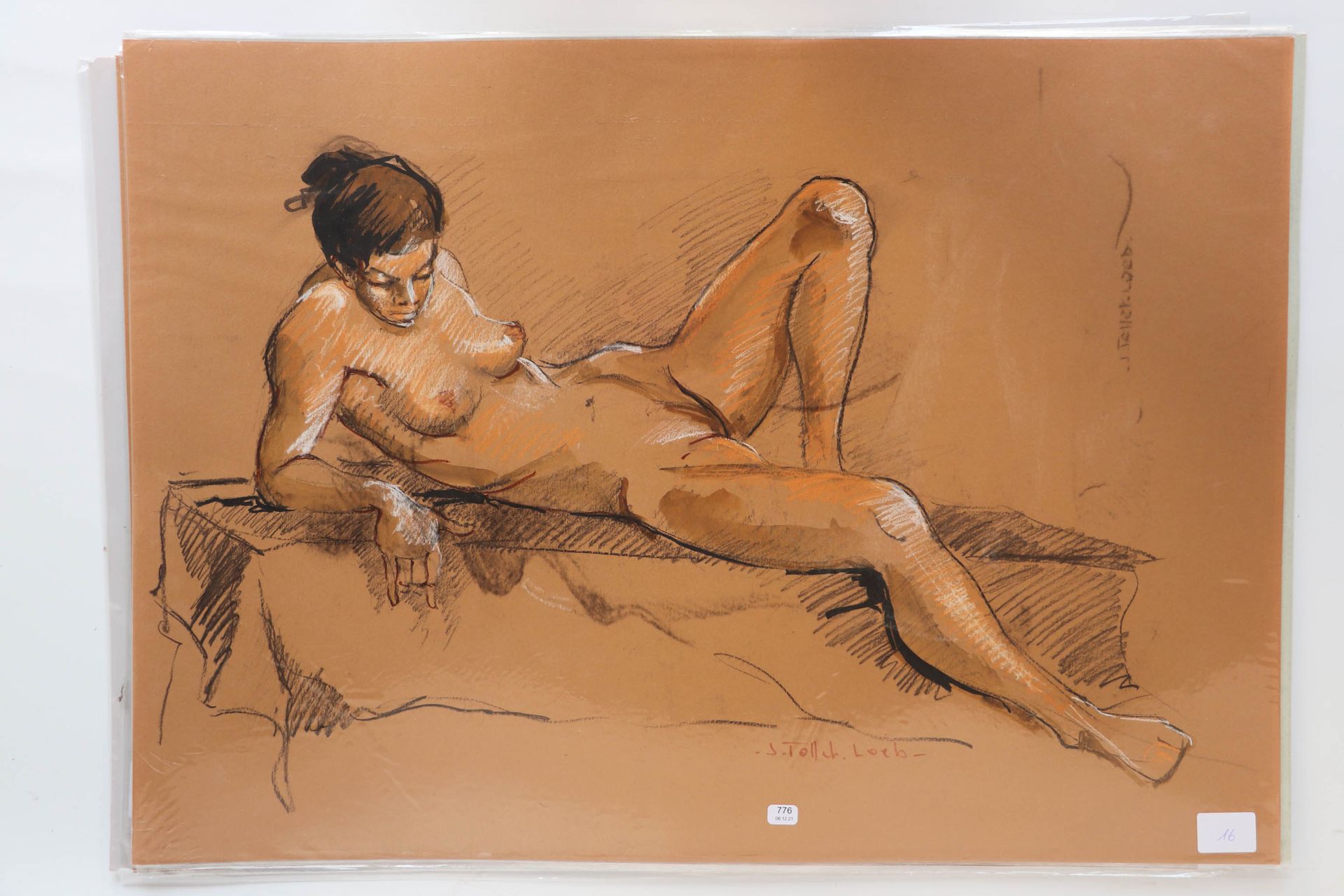 Null TOLLET-LOEB Jacqueline (1931/2021). "Nudo reclinato". Carboncino e pastello&hellip;