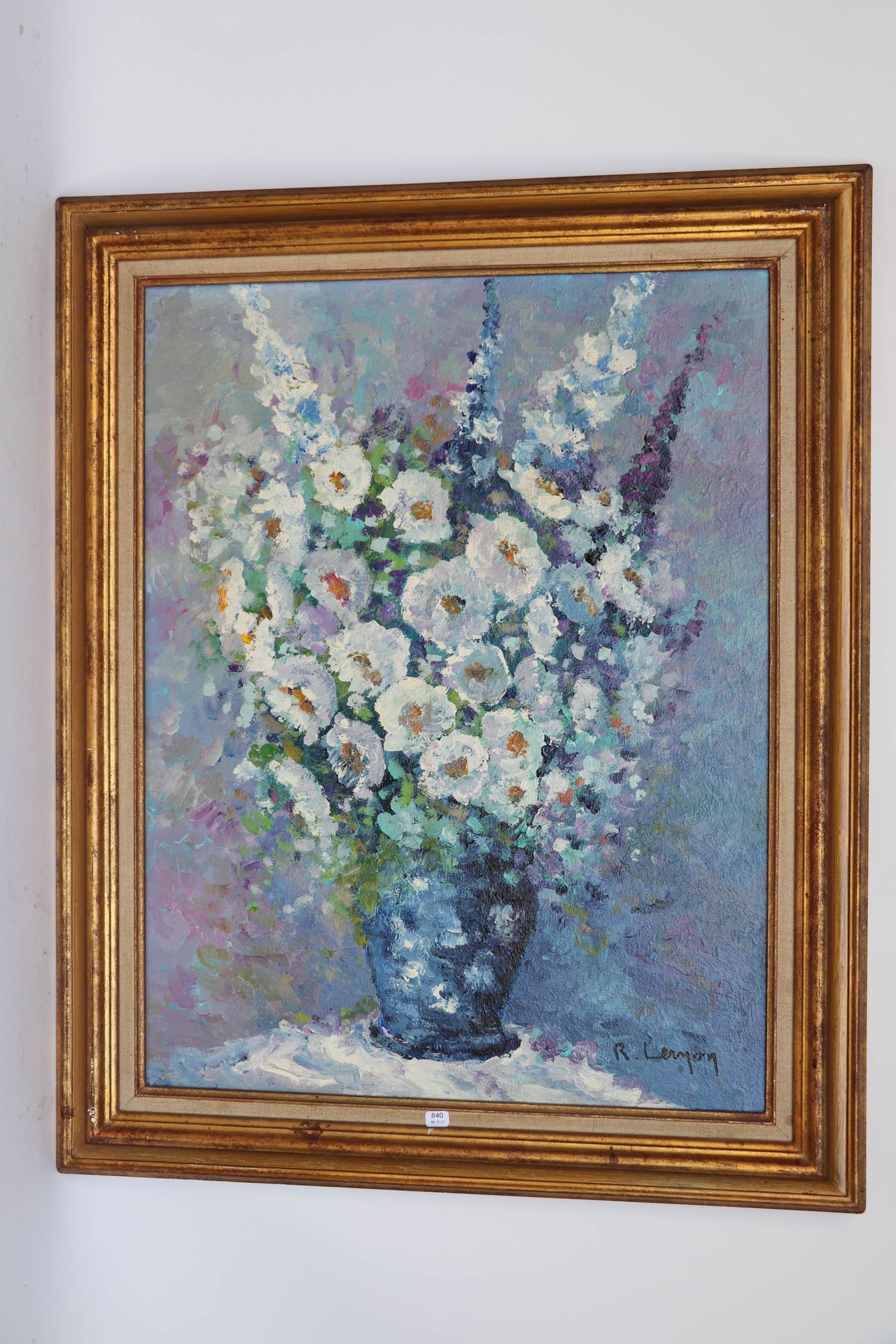 Null 勒农-雅克（生于1921年）。"蓝花"。布面油画，右下方有签名，背面有标题和会签，65 x 50。