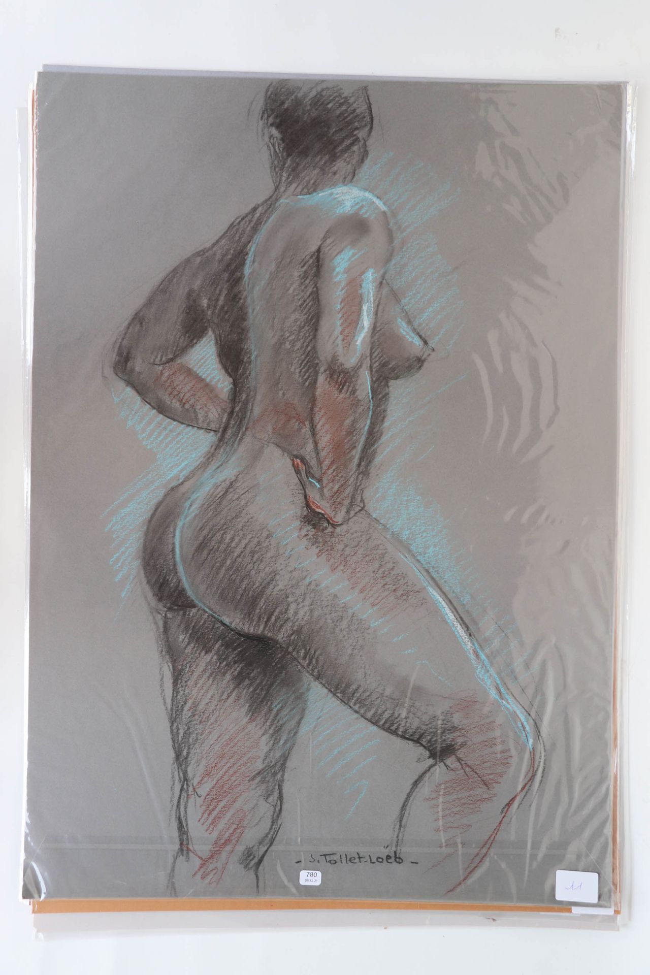 Null TOLLET-LOEB 杰奎琳（1931/2021）。"从后面的裸体"。炭笔和粉彩在底部中央签名。70 x 50。