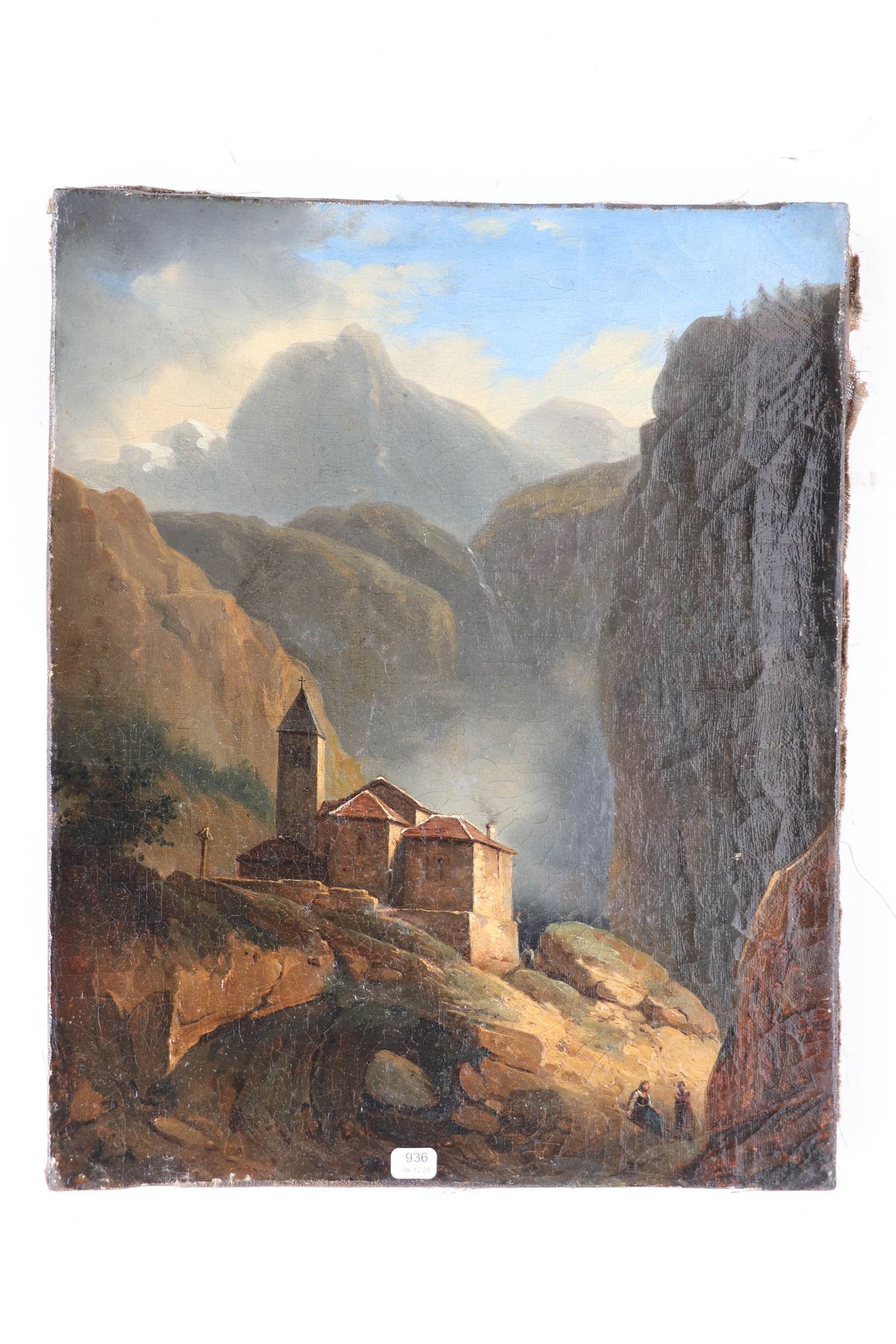 Null Ecole XIXe. "Eglise dans la montagne". Huile sur toile. 50 x 32. Restaurati&hellip;