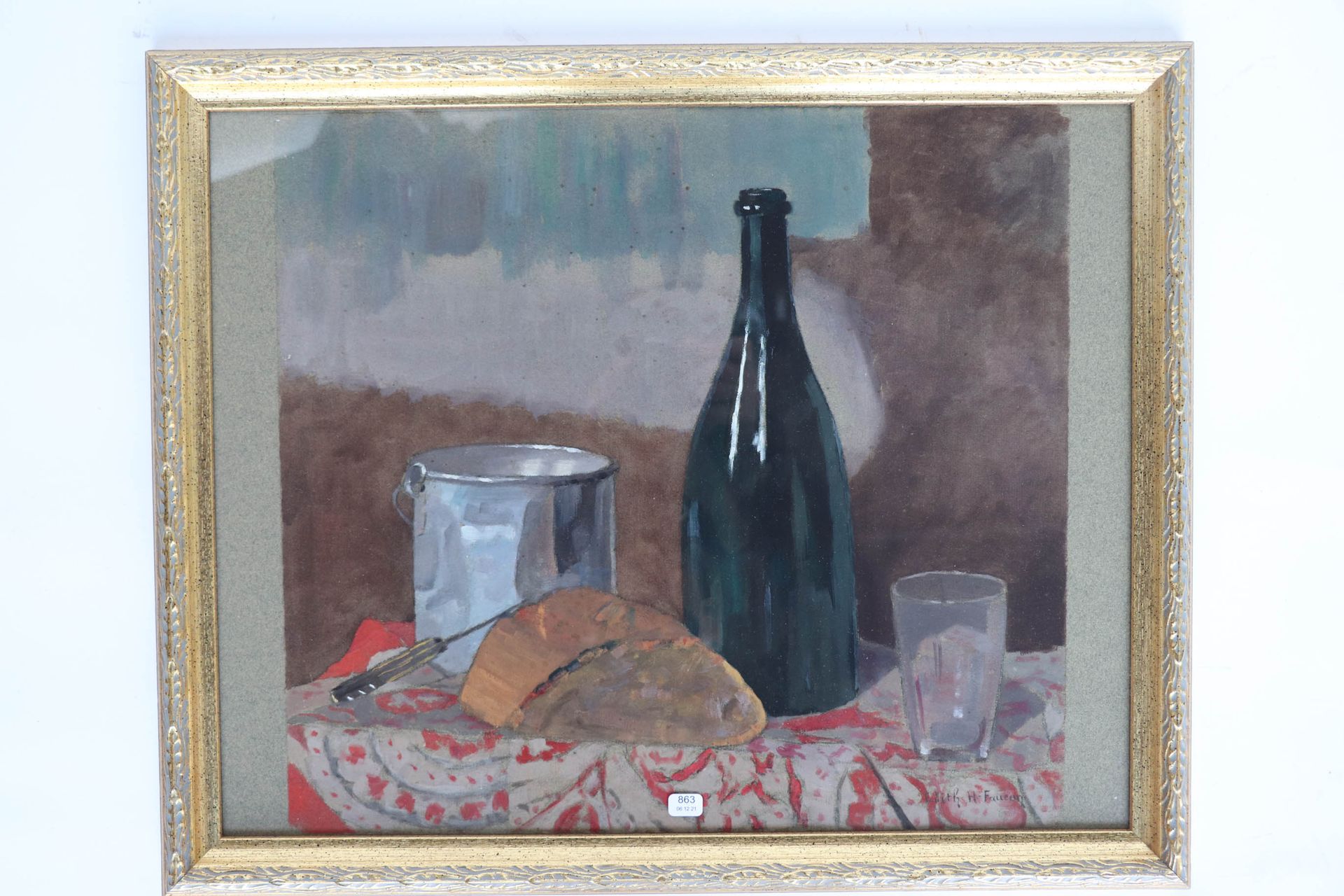 Null 福康-伊迪丝（生于1919年）。"瓶子的静物"。纸上油画，右下方有签名。39 x 42.