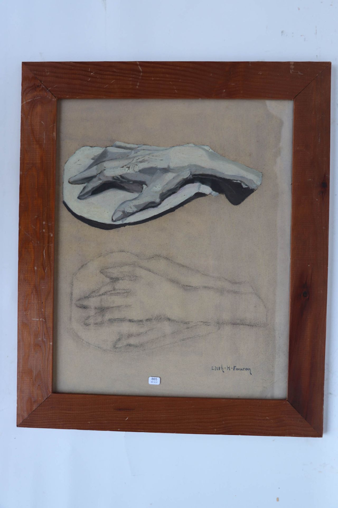 Null 福康-伊迪丝（生于1919年）。"研究手的定位"。纸上油彩和炭笔，右下角有签名。48,5 x 38,5.