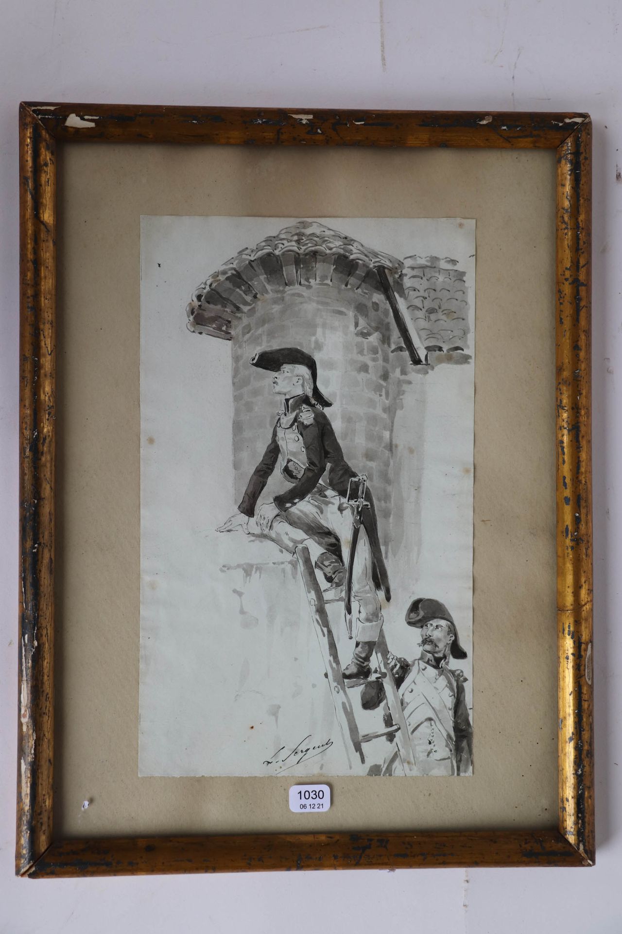 Null 吕西安-皮埃尔军士长（1849/1904）。"帝国的士兵在守望"。水墨画底部中央有签名，背面印有Romy Paillard收藏的编号1004。