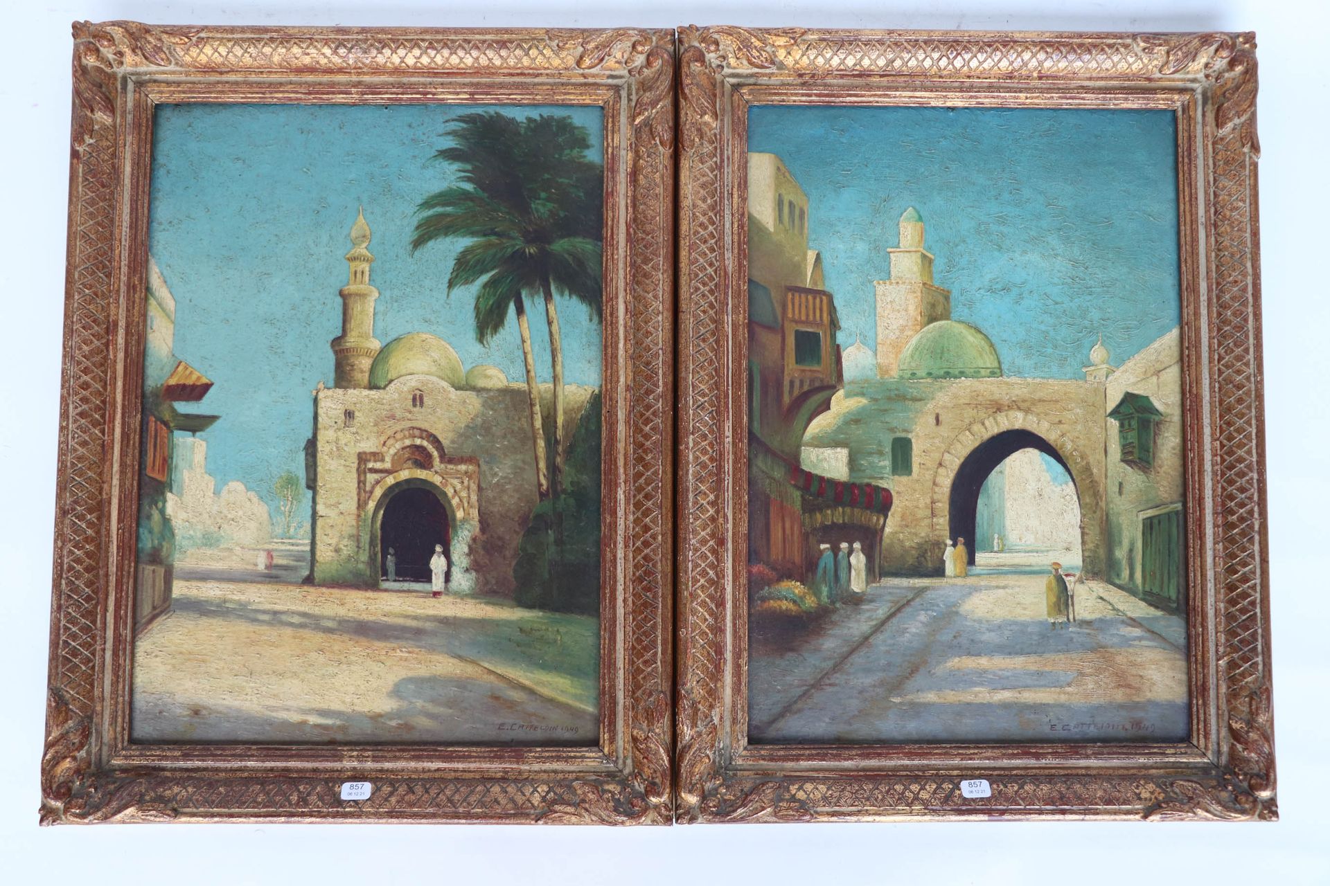 Null CATTELOIN E（20日）。"清真寺"。两幅油画，右下角有签名，日期为1949年，43 x 31。