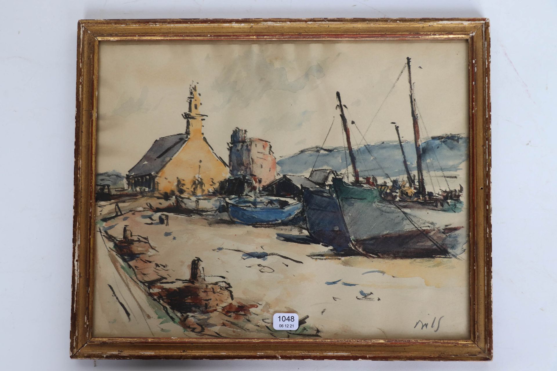 Null MILS (20th). "Boats on the dry near the church". Watercolour signed lower r&hellip;