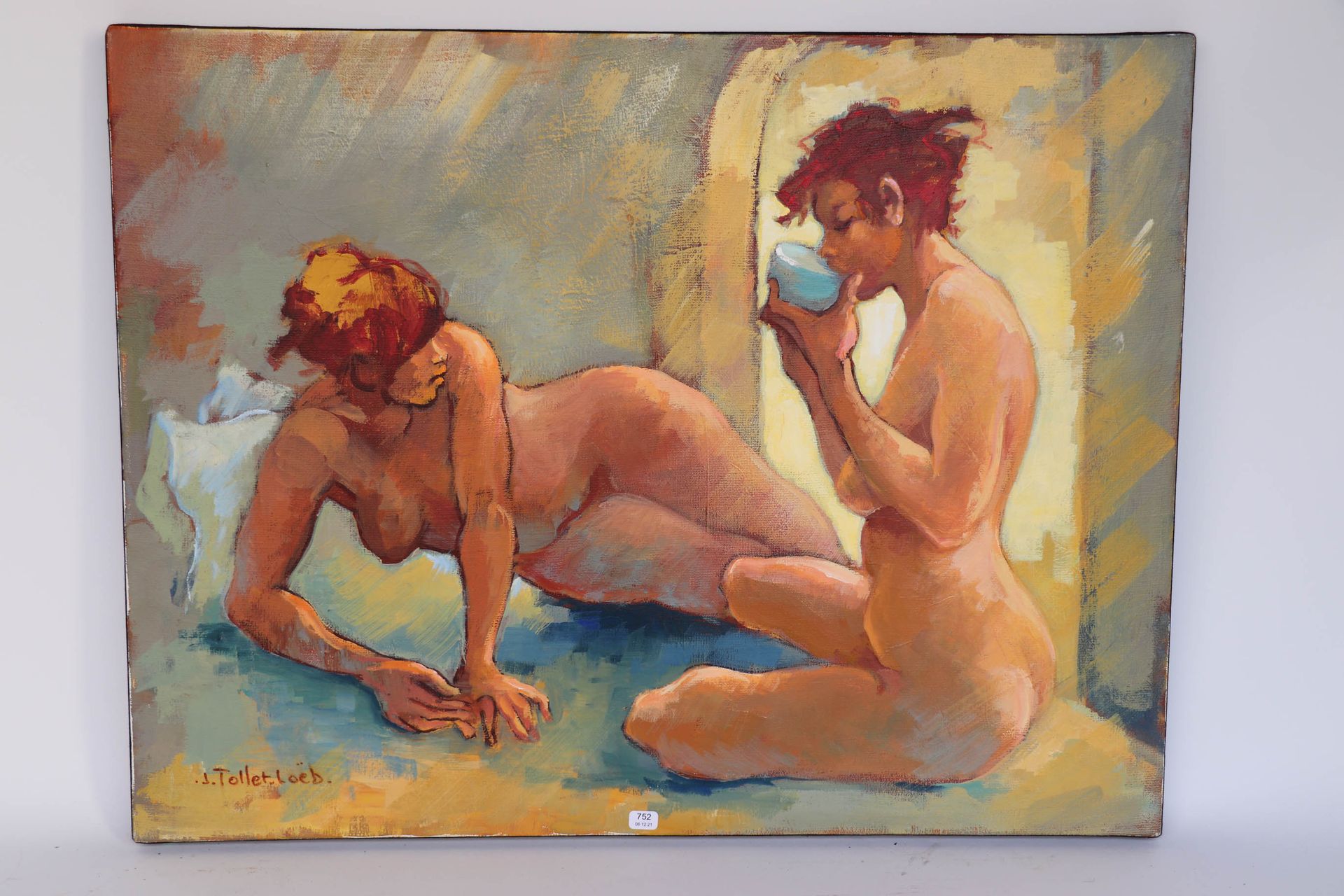 Null TOLLET-LOEB 杰奎琳（1931/2021）。"喝茶时间"。布面油画，左下角有签名。50 x 65。