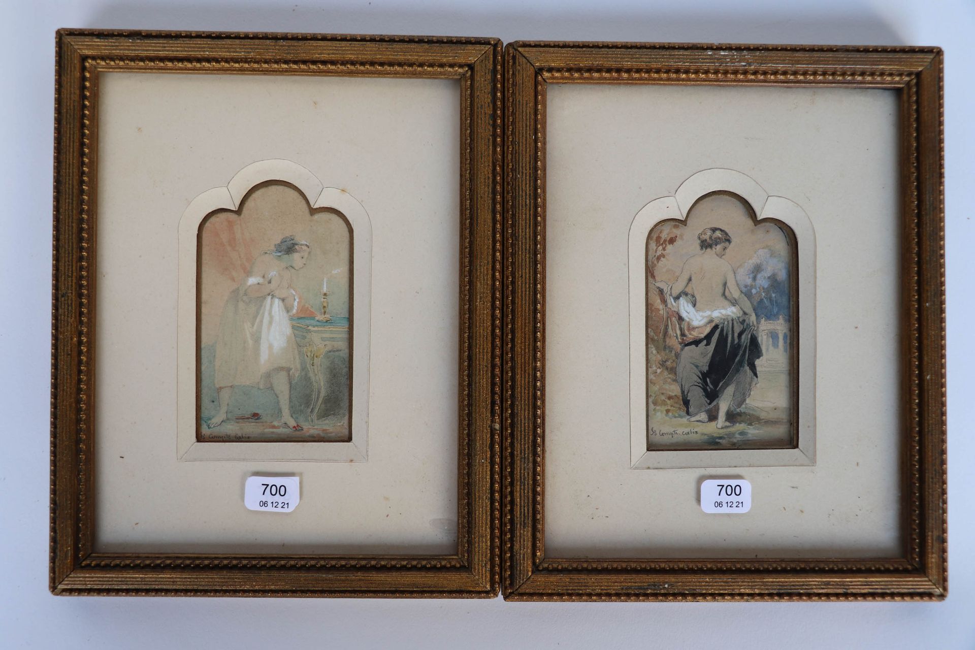 Null 卡利克斯-弗朗索瓦（1813/1880）。"Soubrette au coucher "和 "Nu à l'Antique"。左下角有签名的两幅水彩画&hellip;