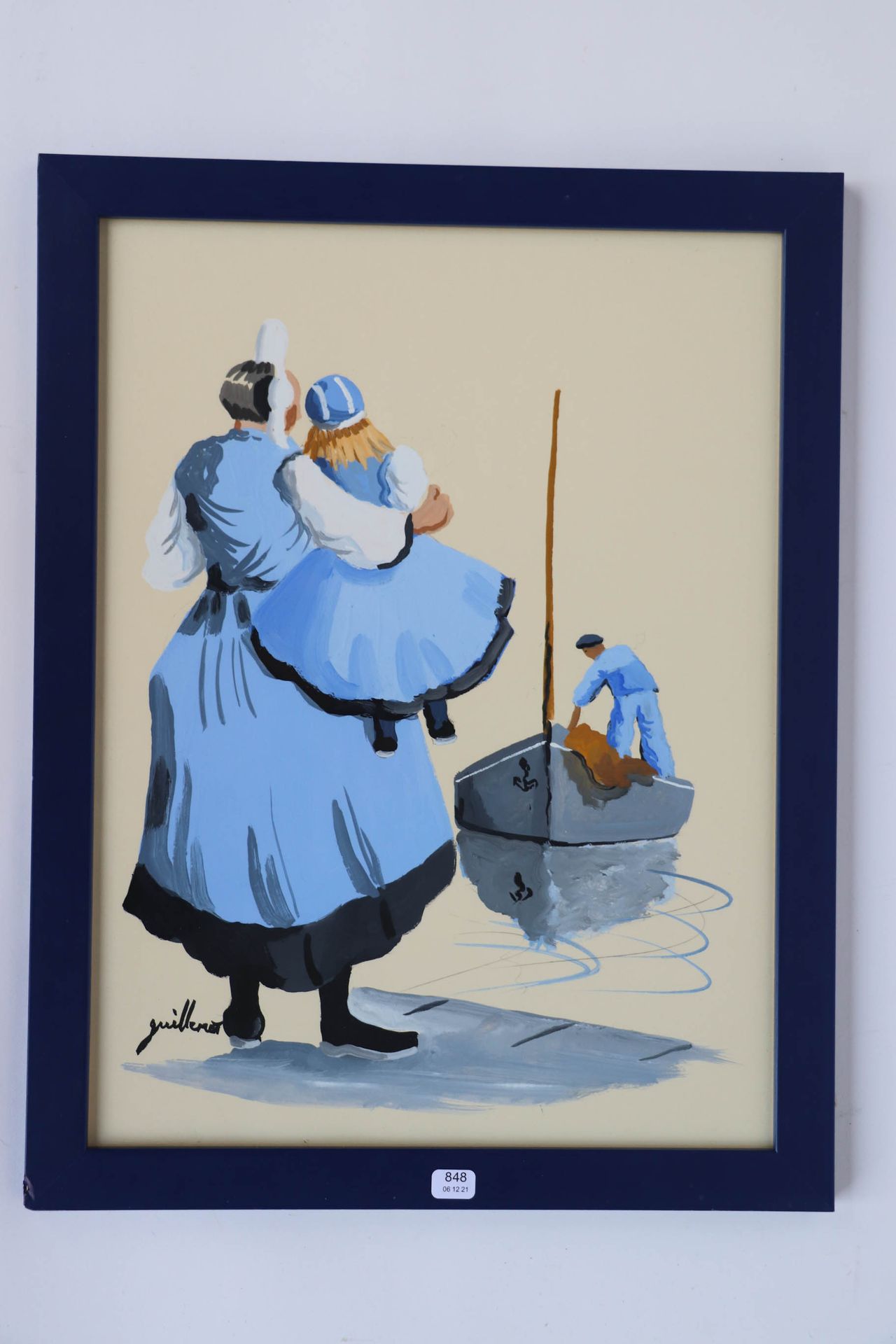 Null GUILLEMOT。"渔夫的离开"。水粉画，左下角有签名。39 x 29.
