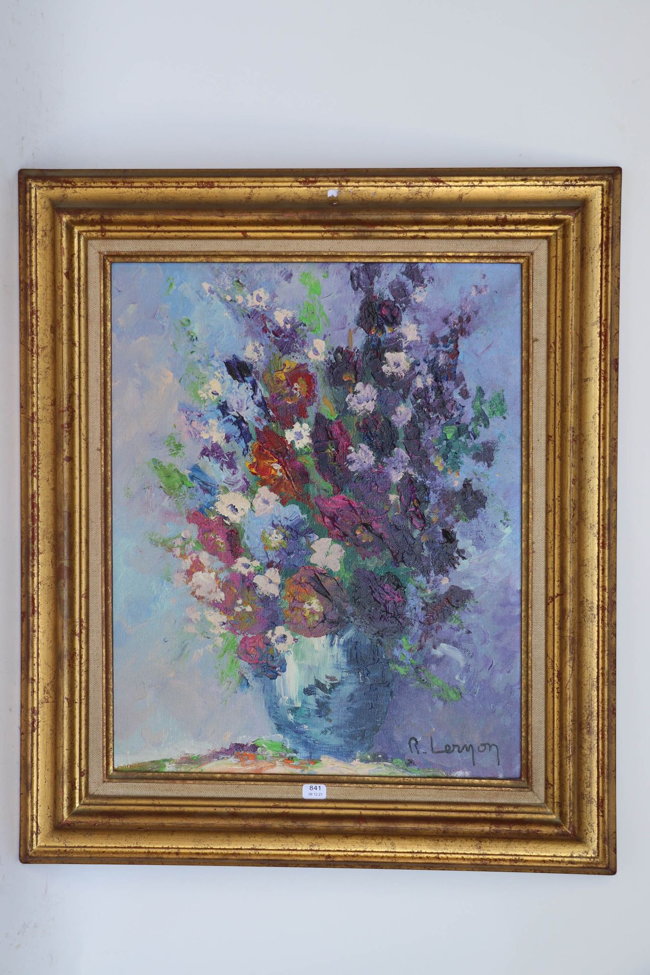 Null 勒农-雅克（生于1921年）。"淡紫色的花束"。布面油画，右下方有签名，背面有标题和会签，41 x 33。