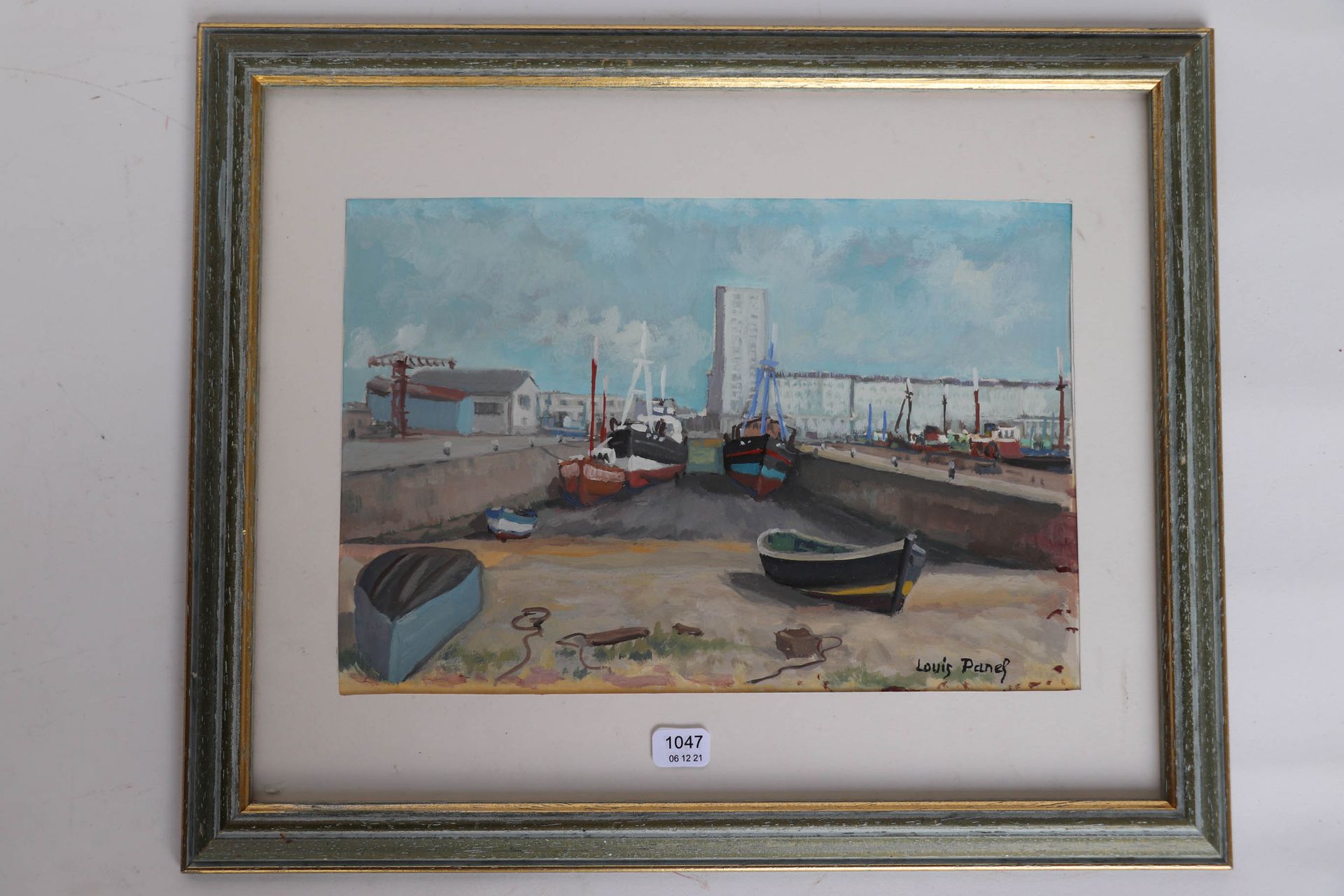Null PANEL路易斯（1932/2018）。"瑟堡港的拖网渔船"。水粉画，右下角有签名。16 x 23,5.