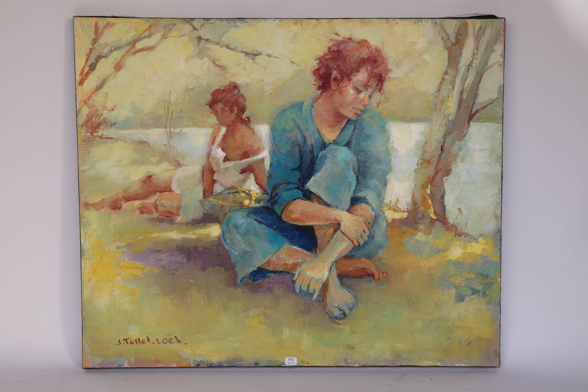 Null TOLLET-LOEB 杰奎琳（1931/2021）。"在水边休息"。布面油画，左下角有签名。54 x 65。
