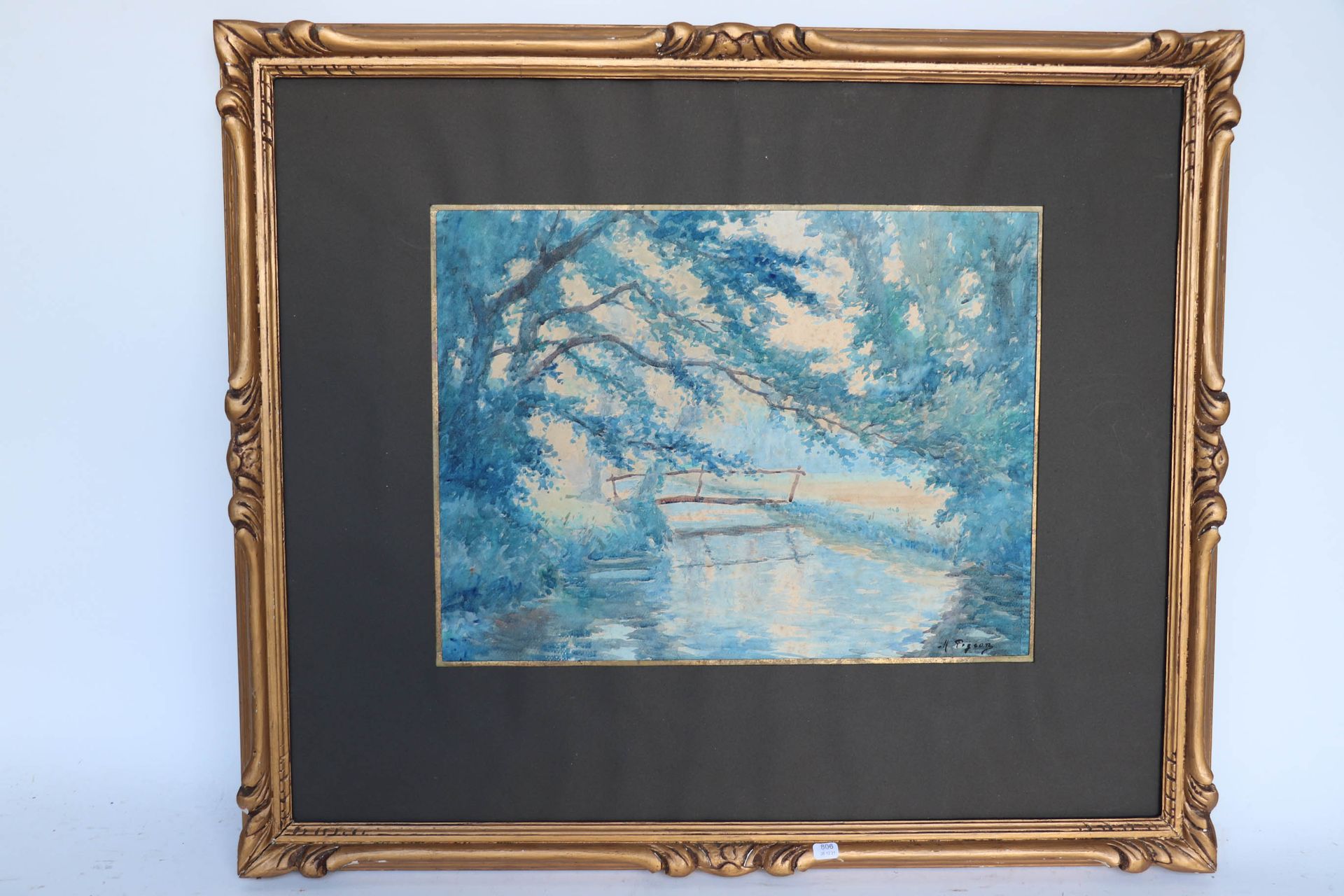 Null 皮格昂-莫里斯（1883/1944）。"河上的桥"。水彩画，右下方有签名。32 x 42,5.