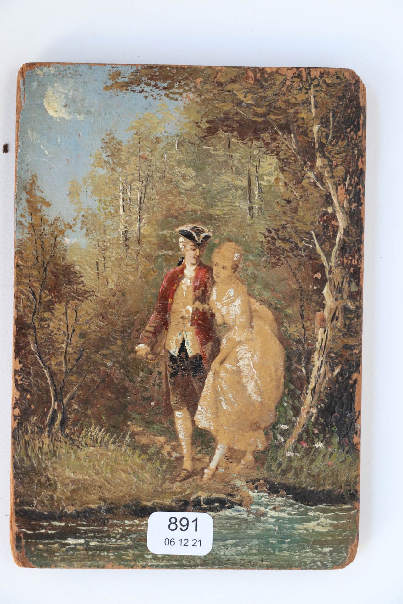 Null Schule XIX/XX. "Paar im Wald". Öl auf Leinwand. 14 x 10.