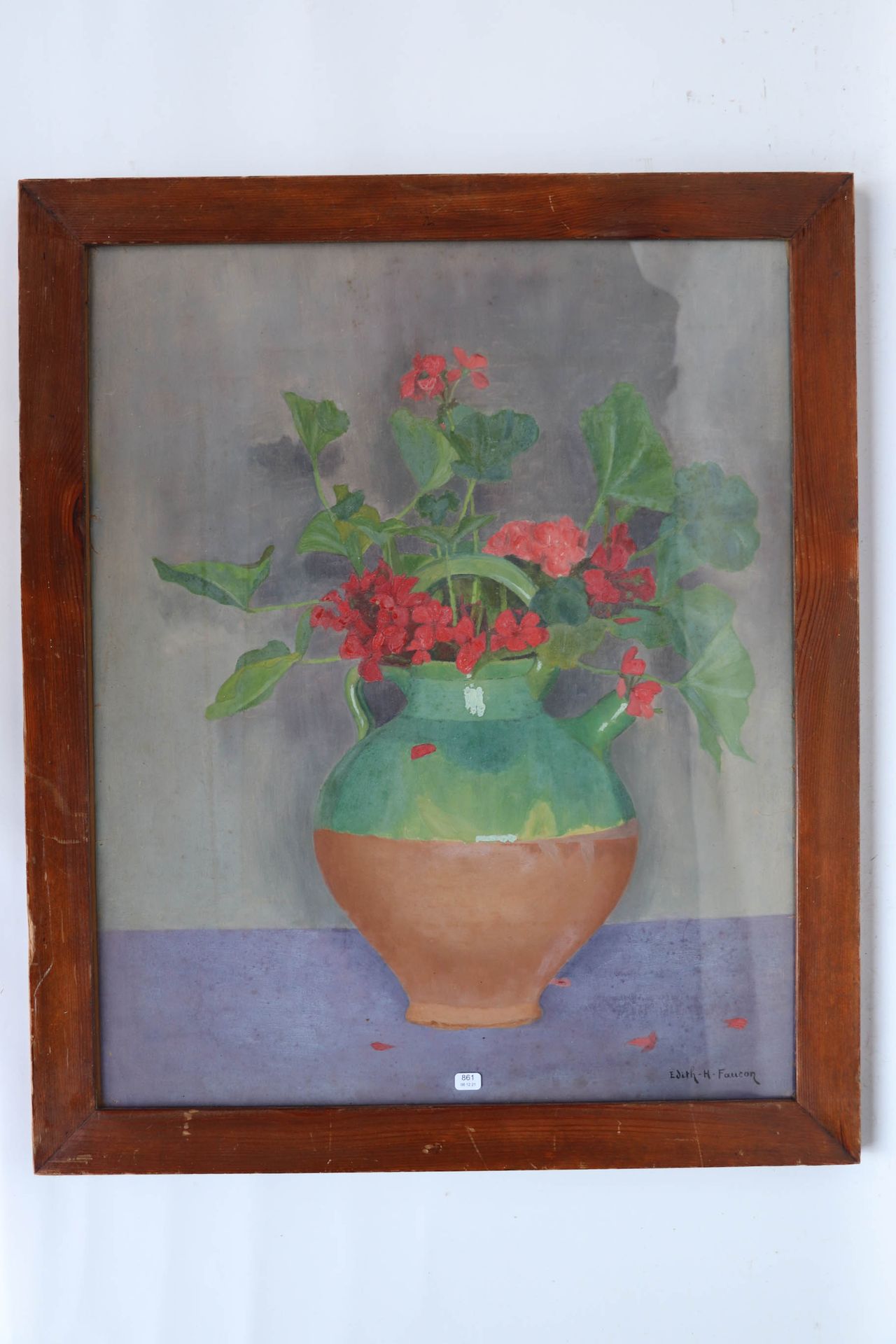 Null 福康-伊迪丝（生于1919年）。"天竺葵花在陶器和绿色陶瓷壶中"。纸上油画，右下角有签名，61 x 50。