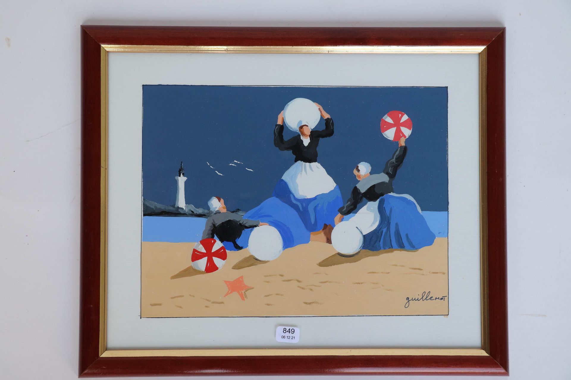 Null GUILLEMOT. "Mujeres bretonas en la playa". Gouache firmado abajo a la derec&hellip;