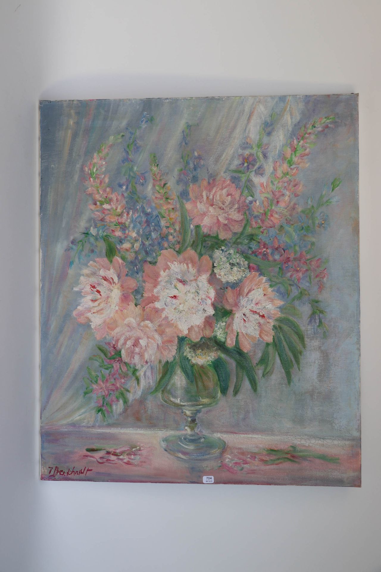 Null BERTHAULT Josée（1921/2007）。"装着一束花的花瓶"。布面油画，左下角有签名。54 x 65。