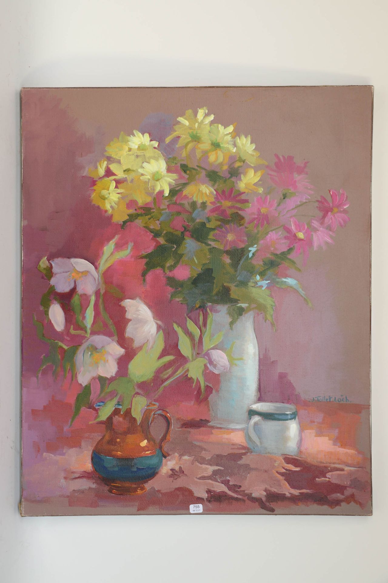 Null TOLLET-LOEB 杰奎琳（1931/2021）。"花的静物"。布面油画，右下角有签名。61 x 50。