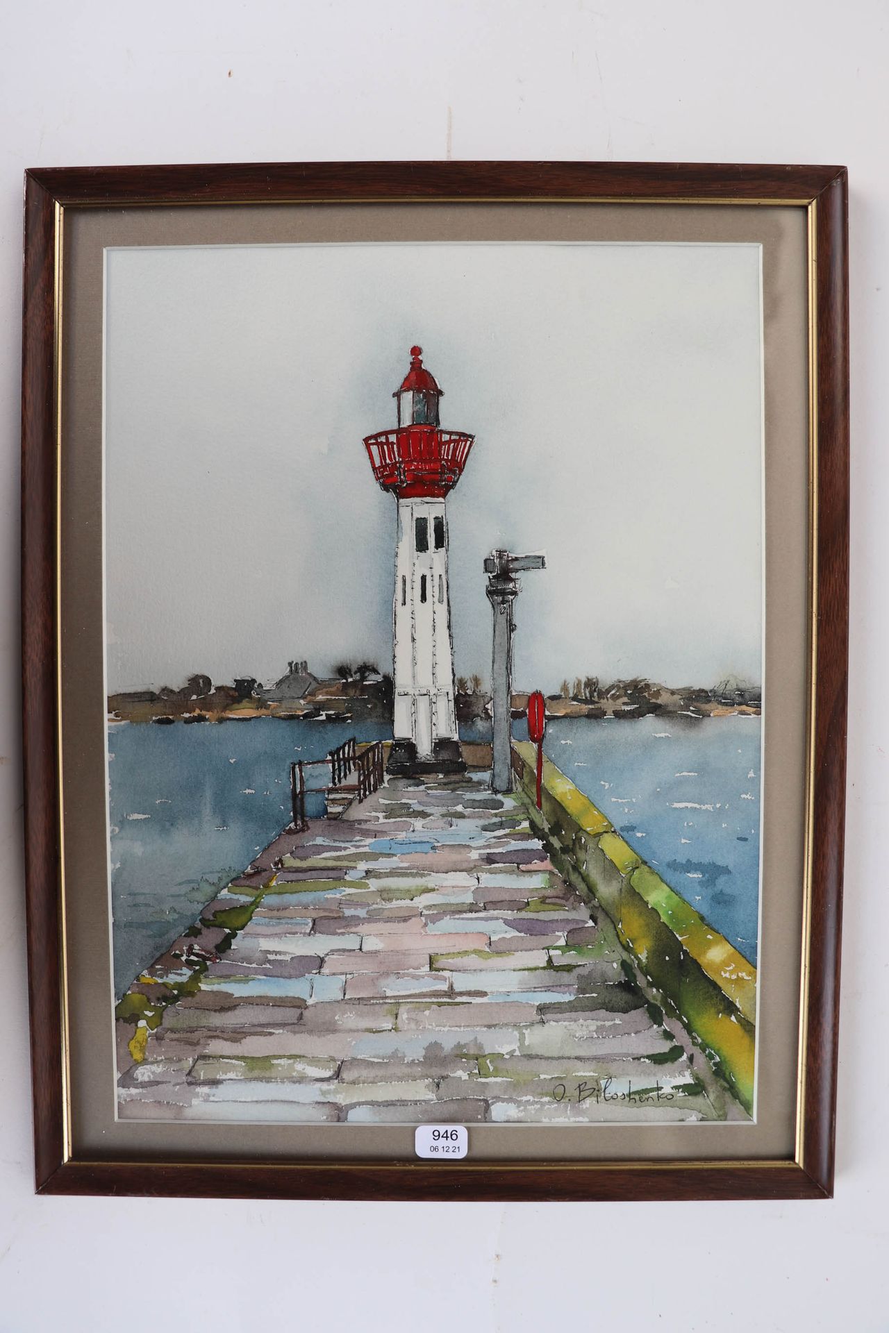 Null BILOSHENKO Olga (20th). "The lighthouse of St Vaast la Hougue". Watercolor &hellip;
