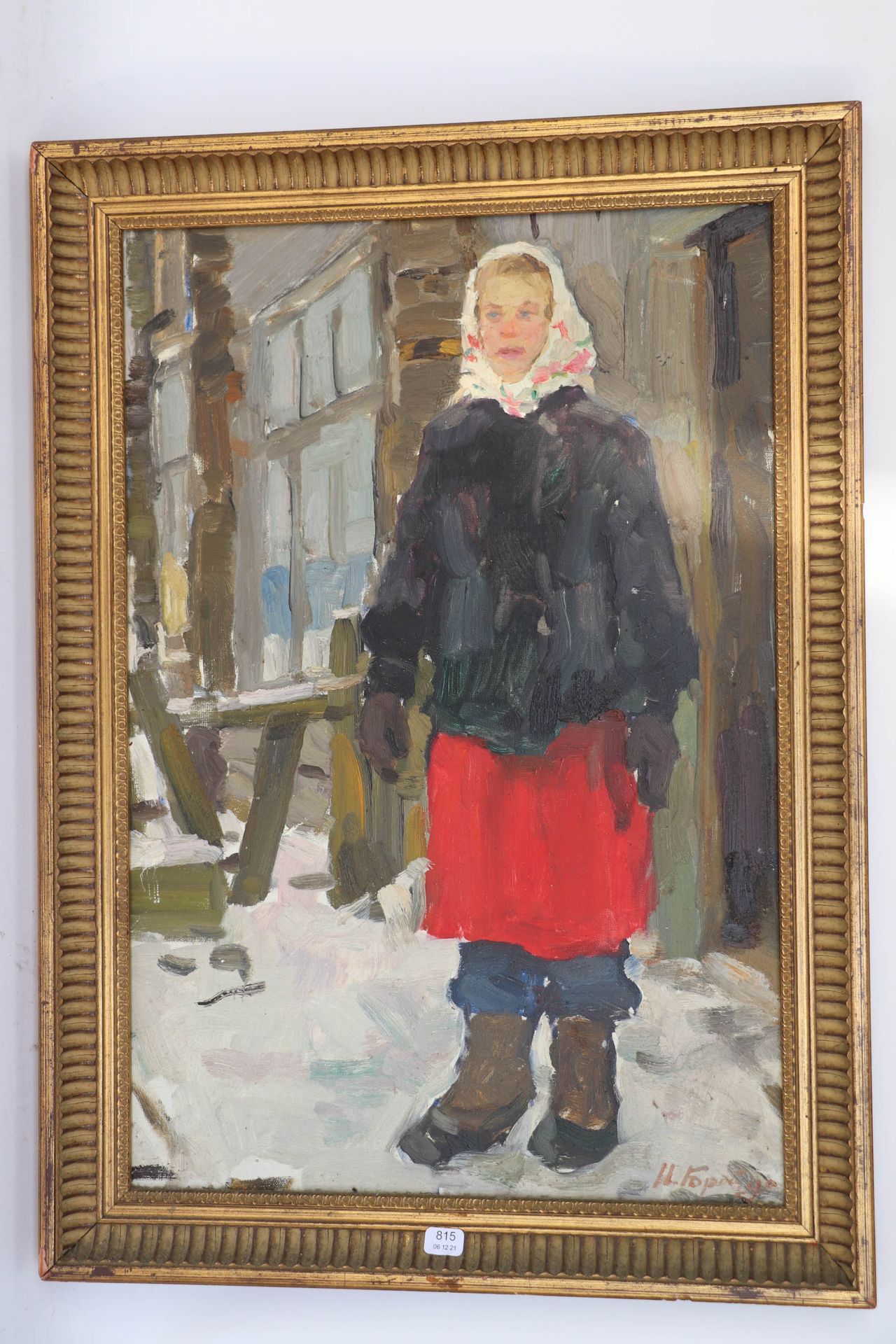 Null Ecole russe (XXe). "Femme en hiver". Huile sur carton signée en bas à droit&hellip;