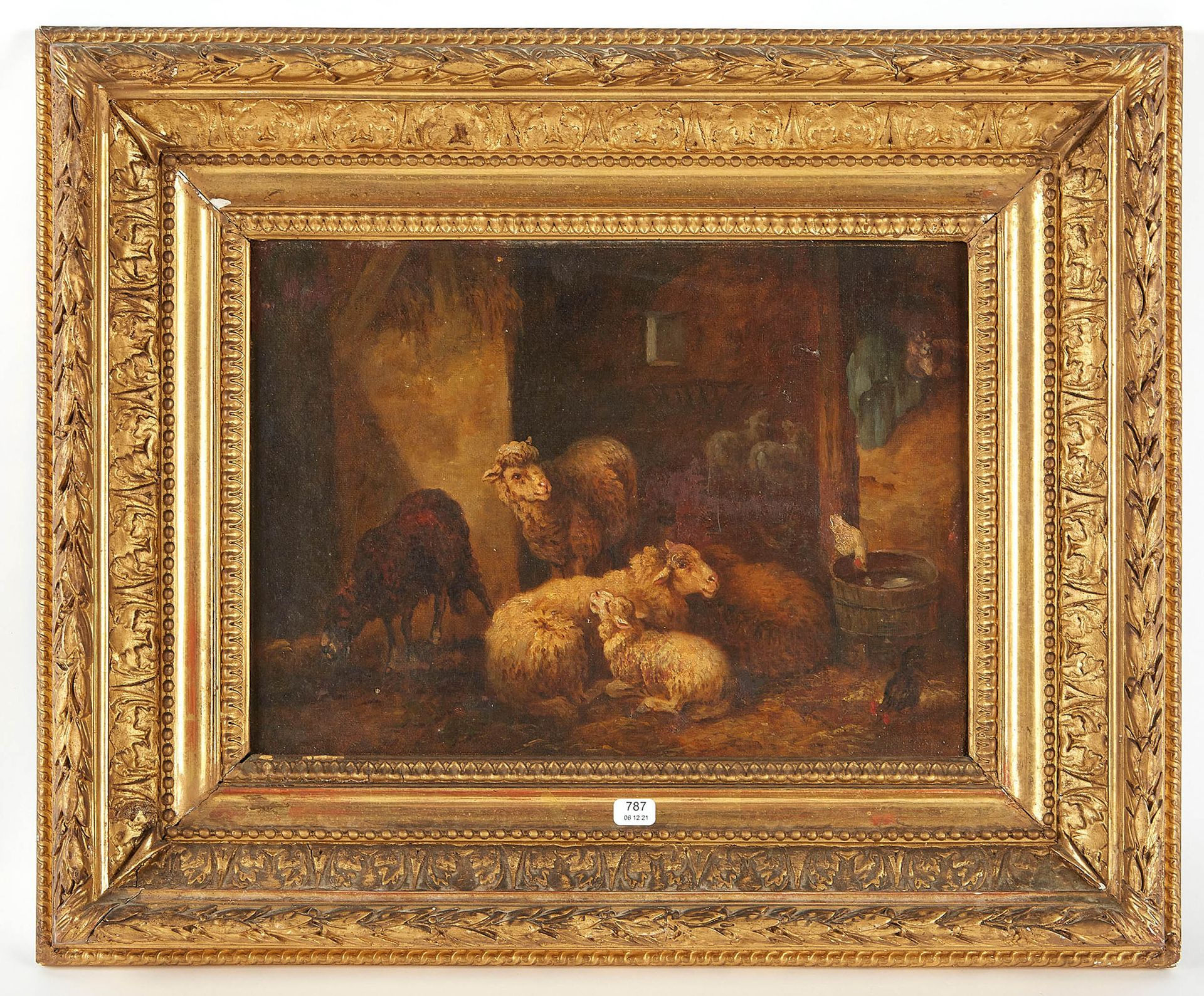 Null Ecole XIXe. "Les moutons dans la bergerie". Huile sur toile. 24,5 x 32. (Re&hellip;