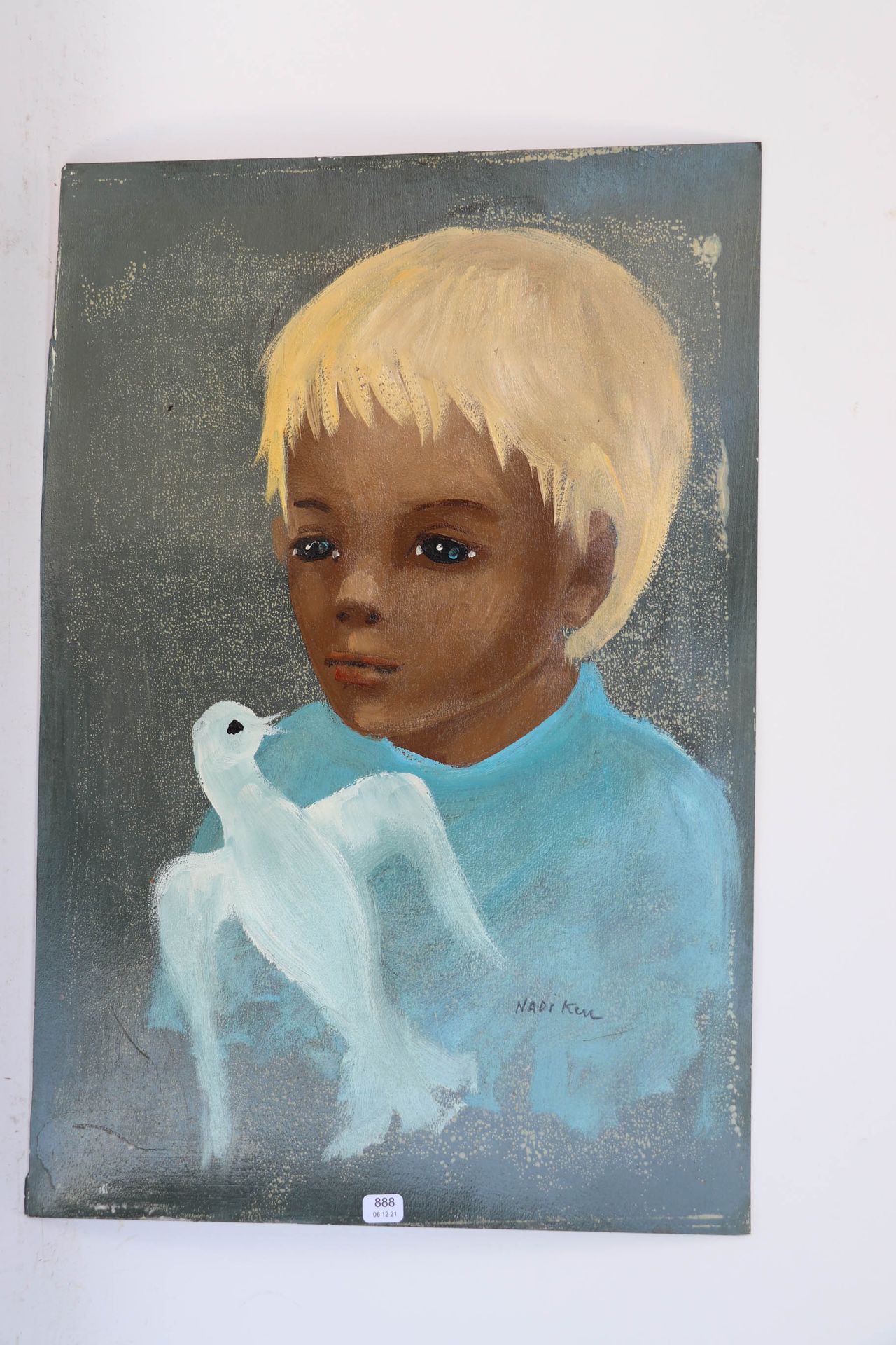 Null KEN Nadi (geb. 1934). "Porträt eines Jungen mit Taube". Öl auf Karton, unte&hellip;