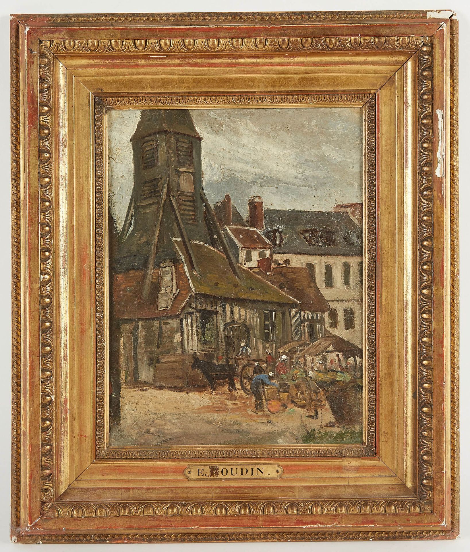 Null 欧仁-布丹的周围环境。"圣凯瑟琳广场的洪福勒集市日（约1880年）。纸上油彩装在面板上。34 x 26.