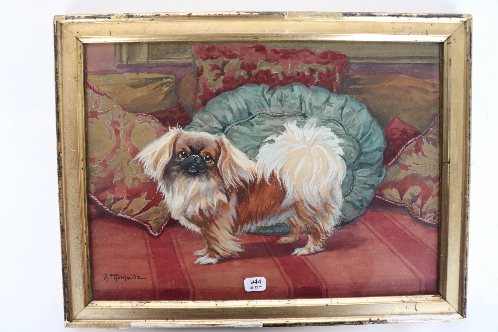 Null THOMASSE Adolphe (1850/1930). "Portrait de chien pékinois". Aquarelle signé&hellip;