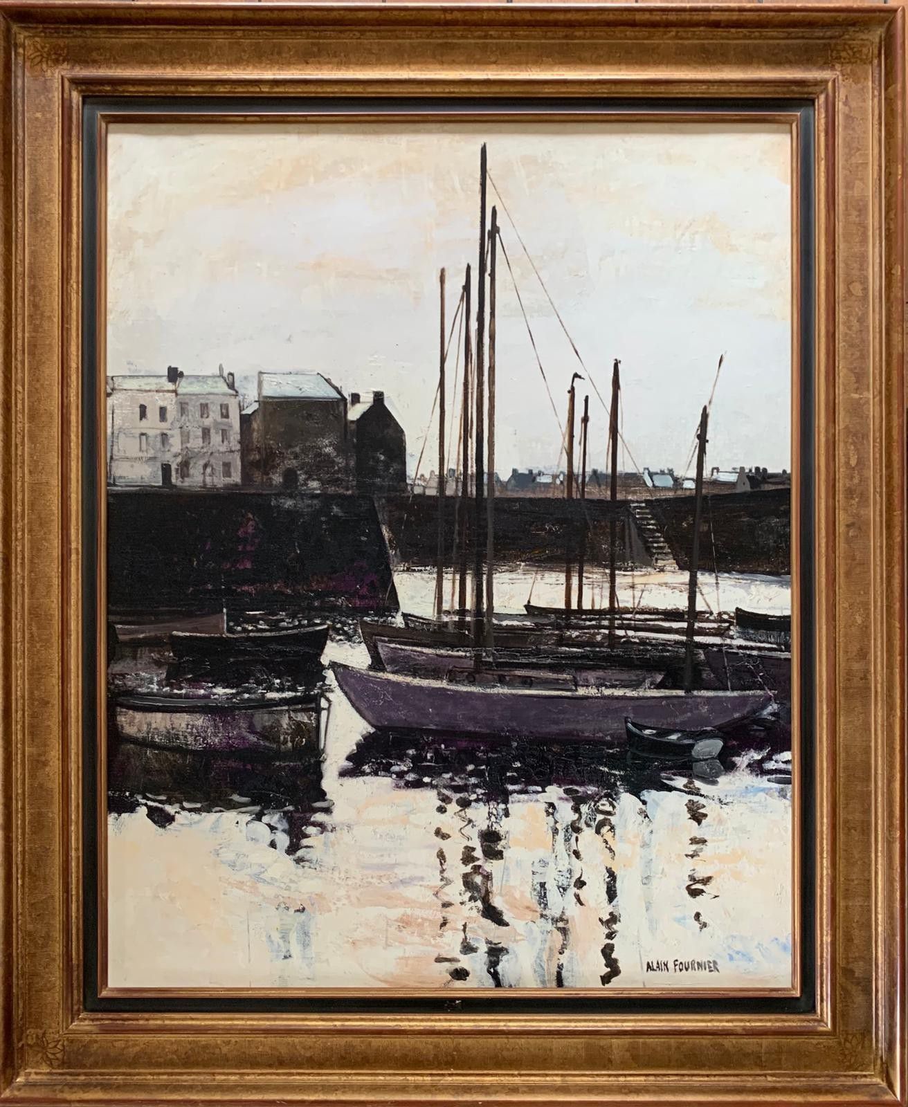 Null FOURNIER Alain (1931/1983). "Bateau au port de Cherbourg". Huile sur toile &hellip;