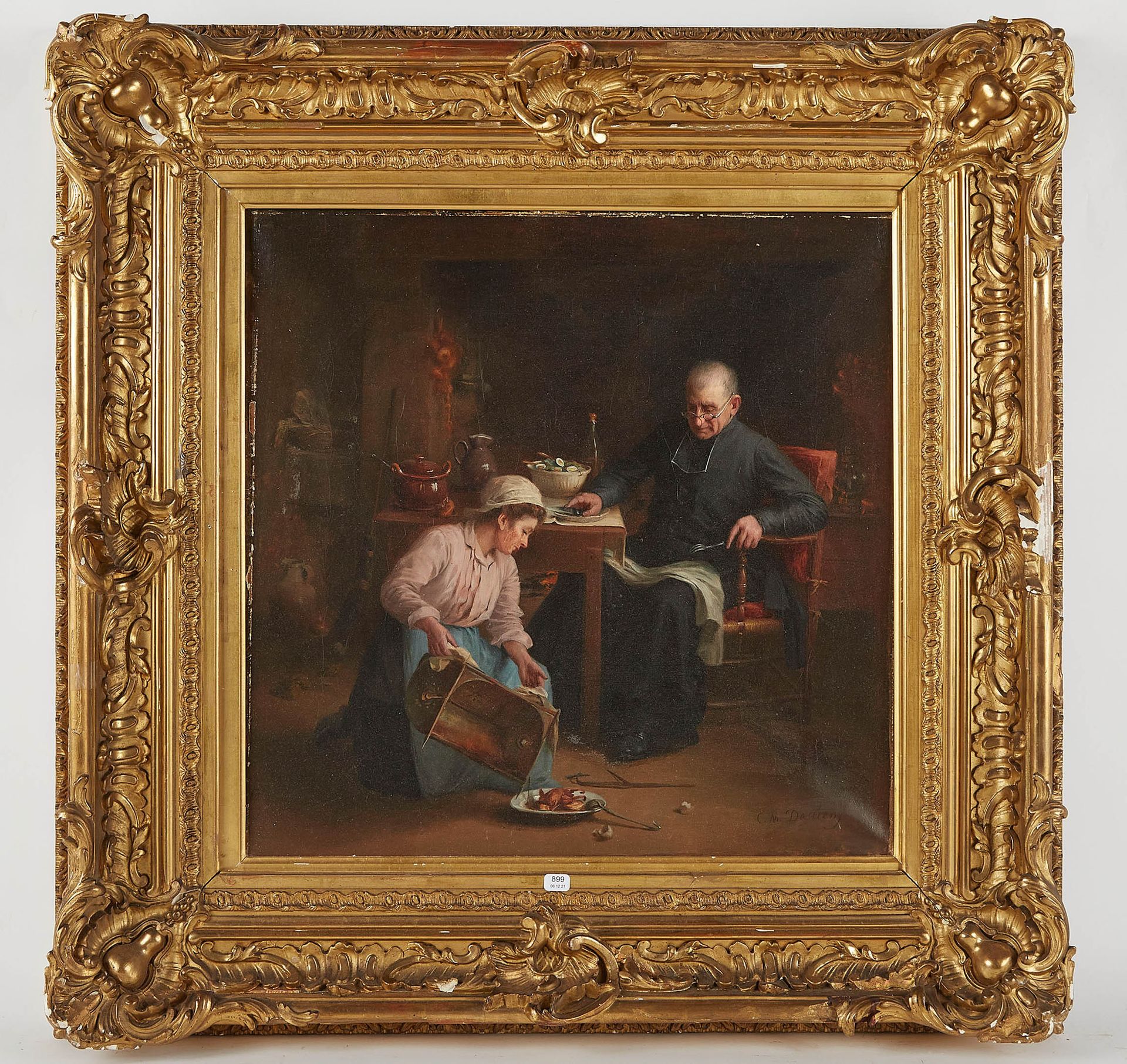 Null DESLIENS Cécile (1853/1937). "L'abbé et la cuisinière". Huile sur toile sig&hellip;