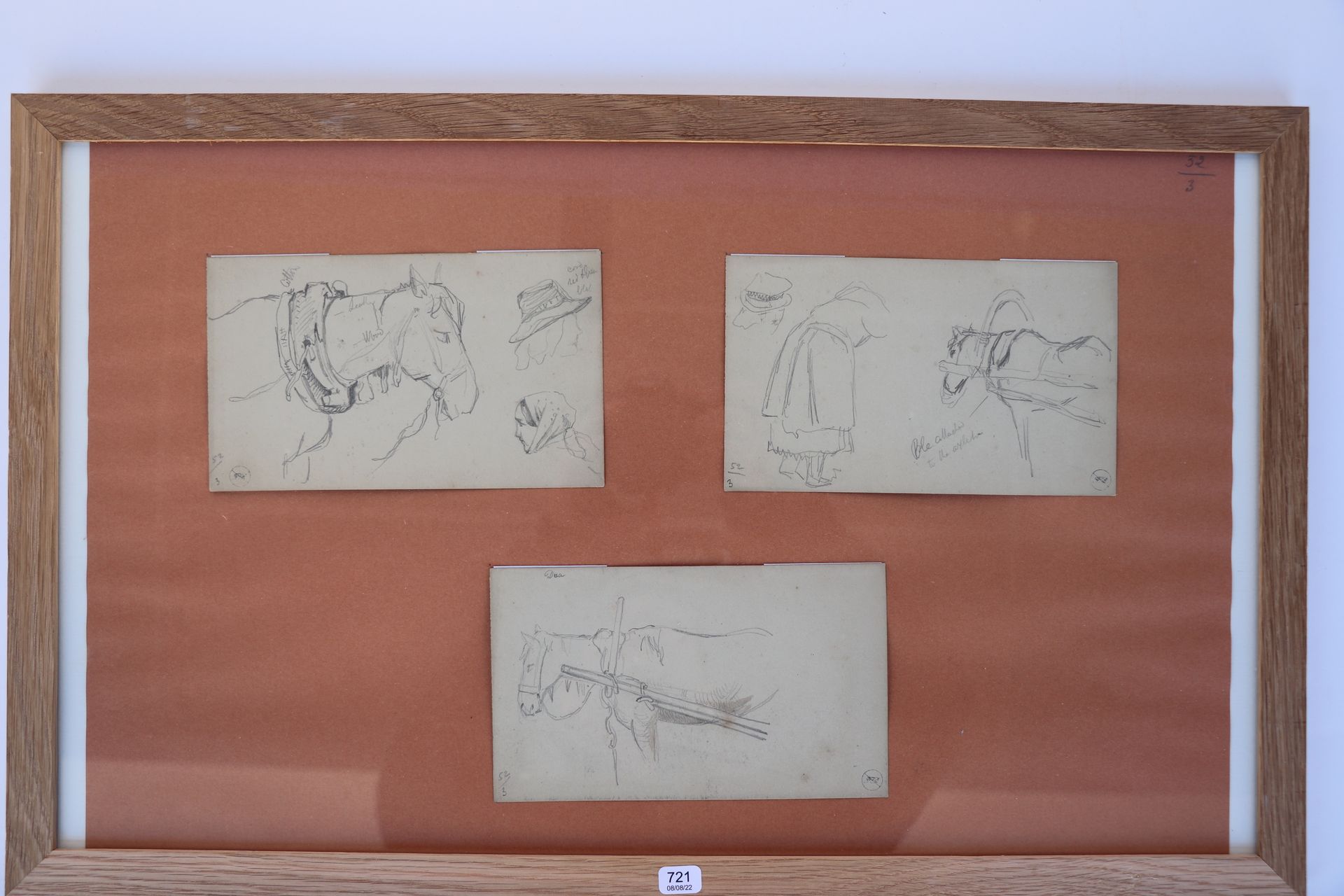 BUHOT Félix (1847/1898). "Etude de chevaux". Trois dessins à la mine de plomb (d&hellip;