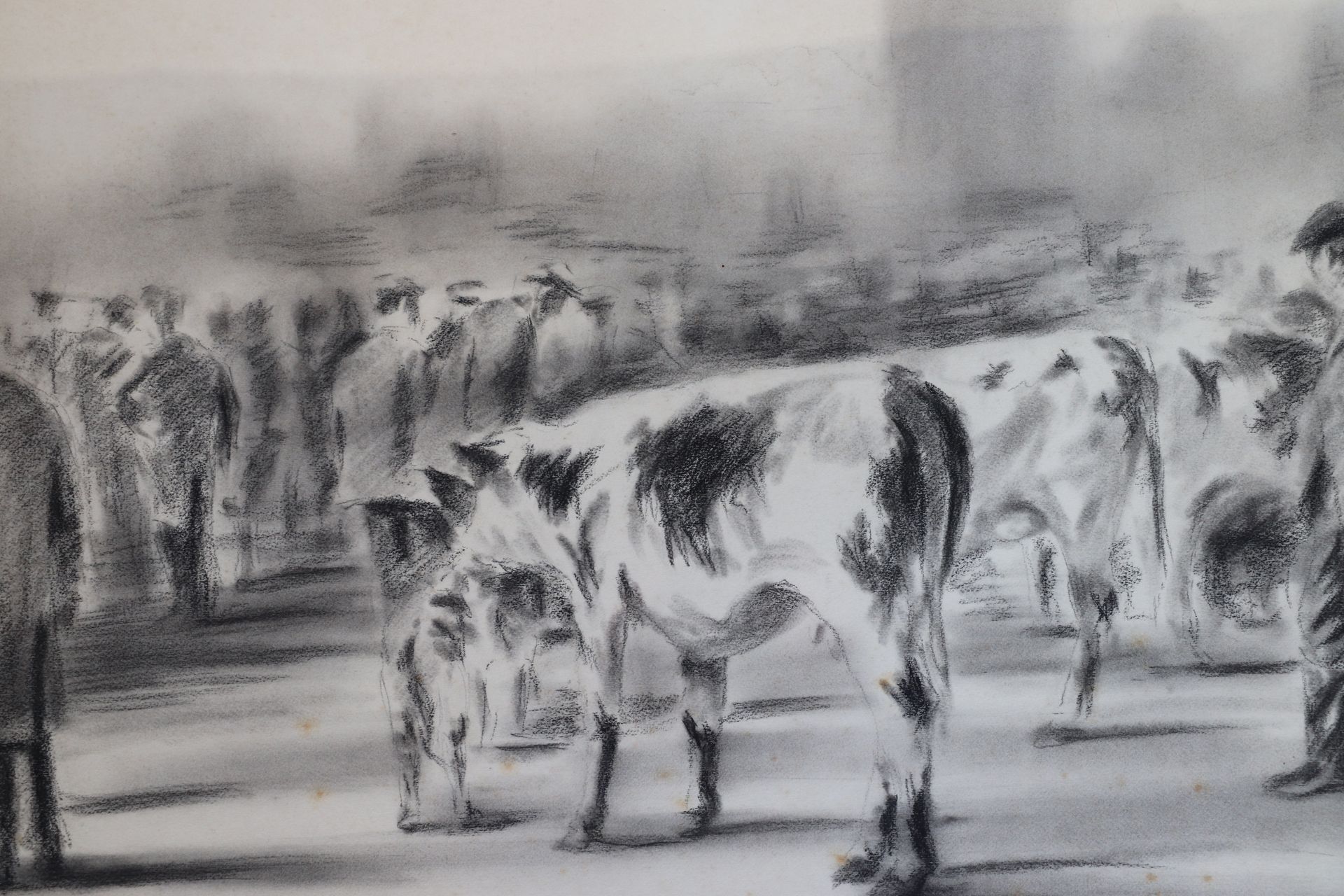 Null LEDUC Georges (1906/1968). "Le marché aux vaches". Fusain signé en bas à dr&hellip;