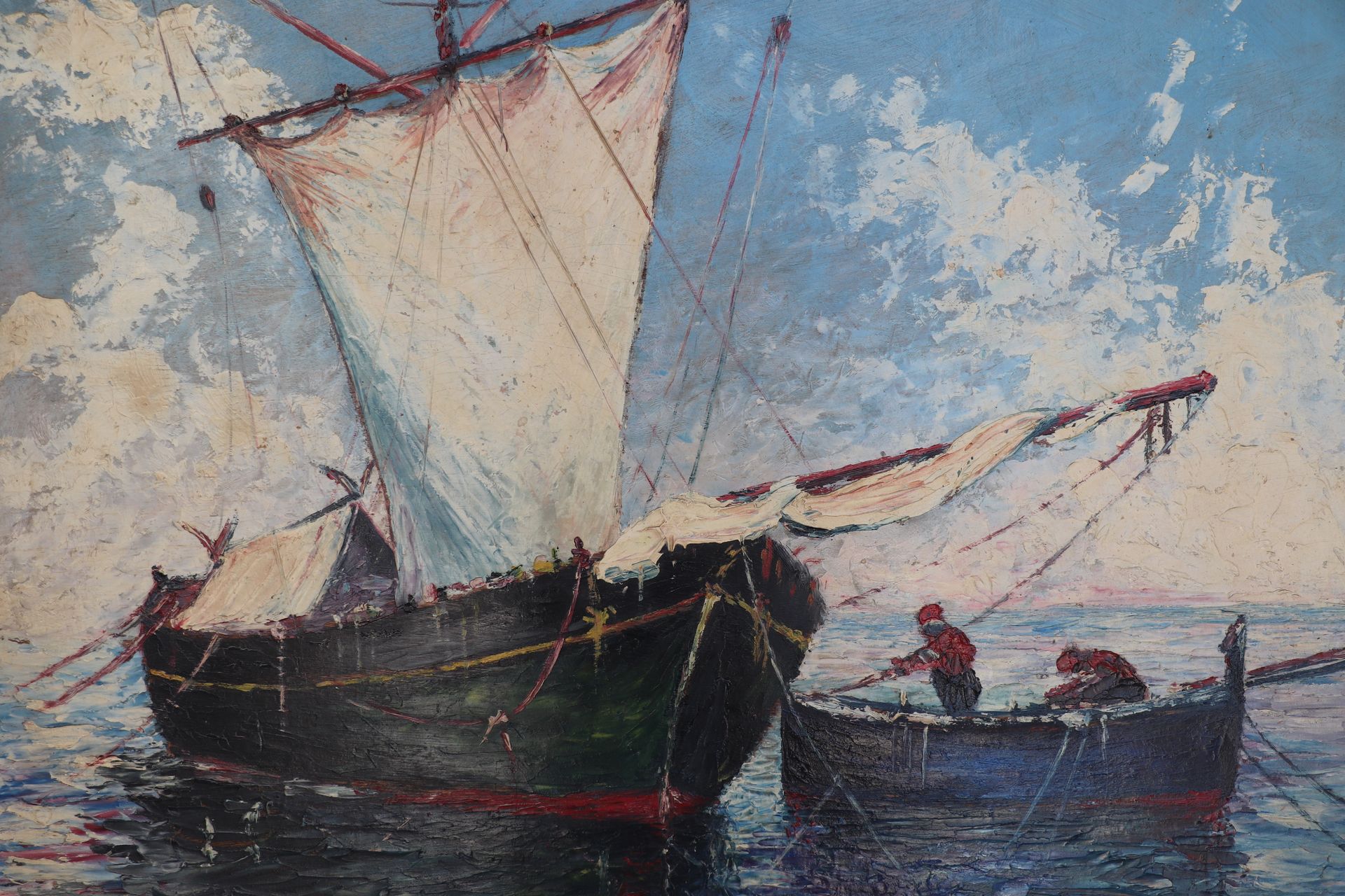 Null Escuela del siglo XX. "Barcos de pesca". Óleo sobre tabla firmado arriba a &hellip;