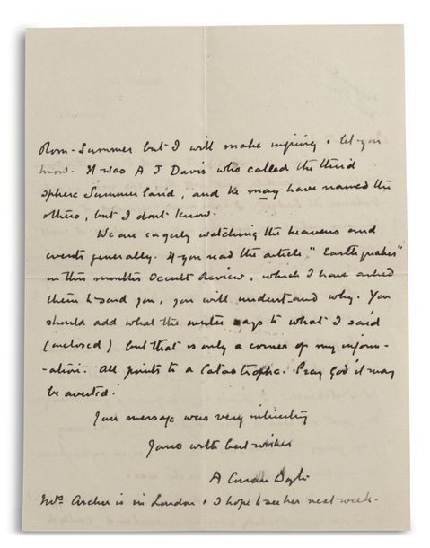 DOYLE ARTHUR CONAN (1859-1930). Signed autograph letter, signed « A. Conan Doyle&hellip;