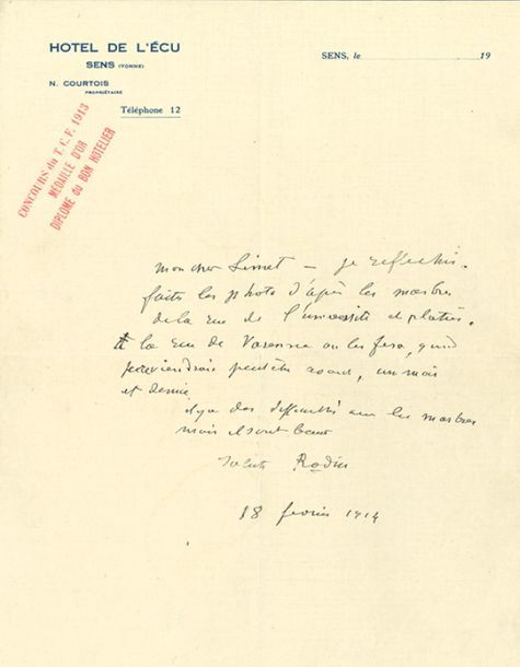 RODIN Auguste (1840-1917) 2 L.A.S. Et 3 L.S. «Aug. Rodin», 1902-1915, à Jean LIM&hellip;