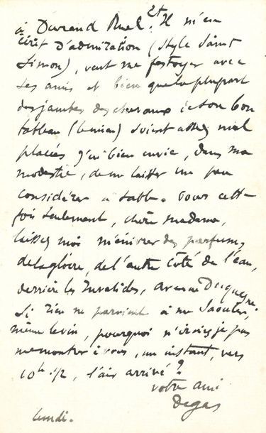 DEGAS Edgar (1834-1917) 
L.A.S. "Degas", Monday [January 1883, to Mrs. Albert BA&hellip;