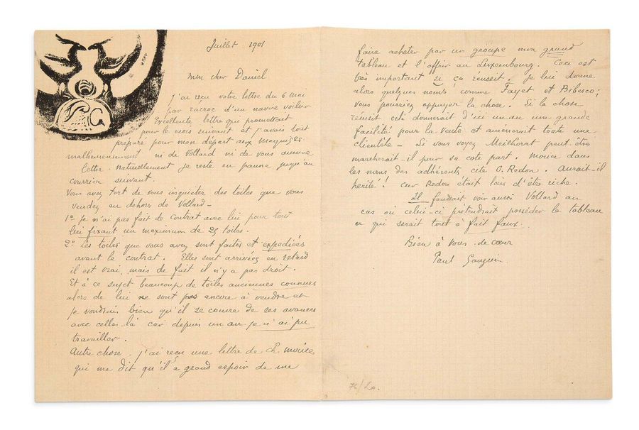 GAUGUIN Paul (1848-1903) 
Lettre autographe signée adressée à Daniel de Monfreid&hellip;
