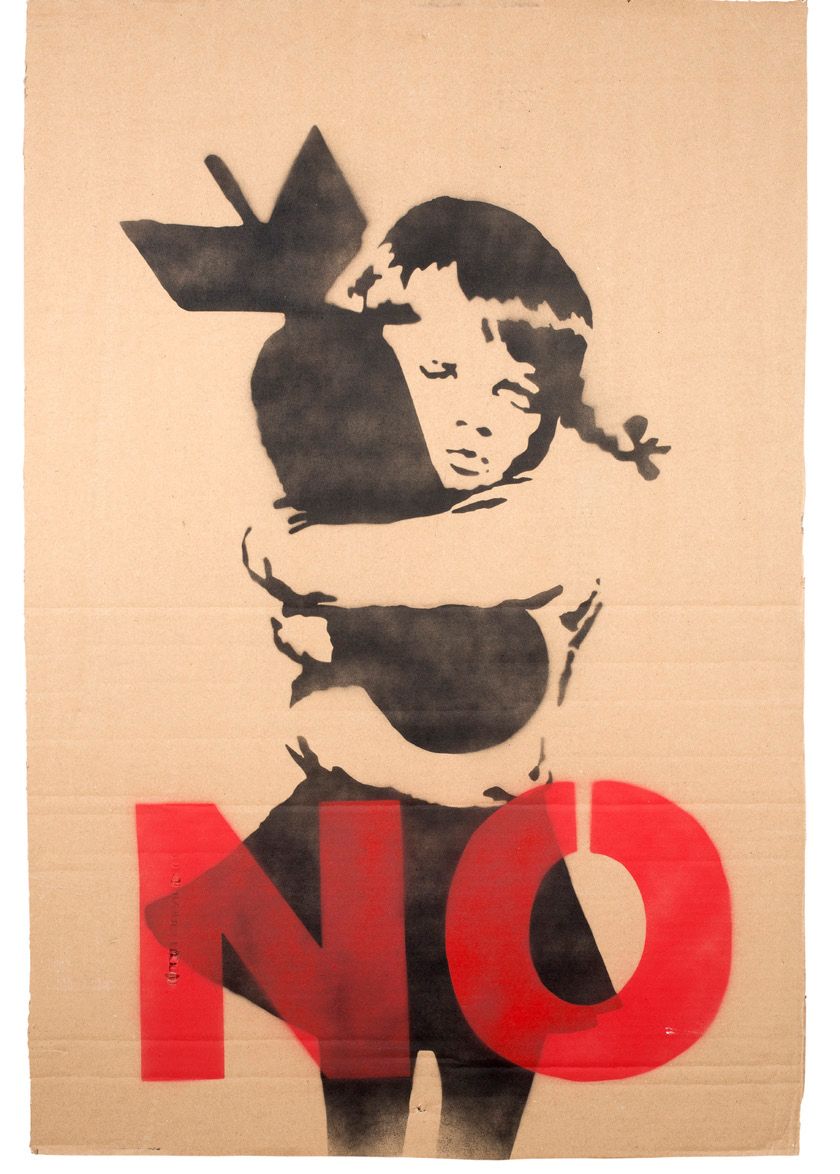 BANKSY (né en 1974) 
No War

Aerosol on cardboard, with a Stop The War label. De&hellip;