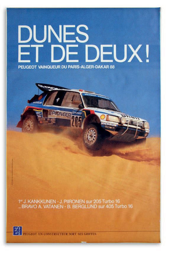 PEUGEOT 205 TURBO 16 
一批2张代表1988年巴黎阿尔及尔达喀尔冠军的海报
状态良好
尺寸：175 x 120 cm