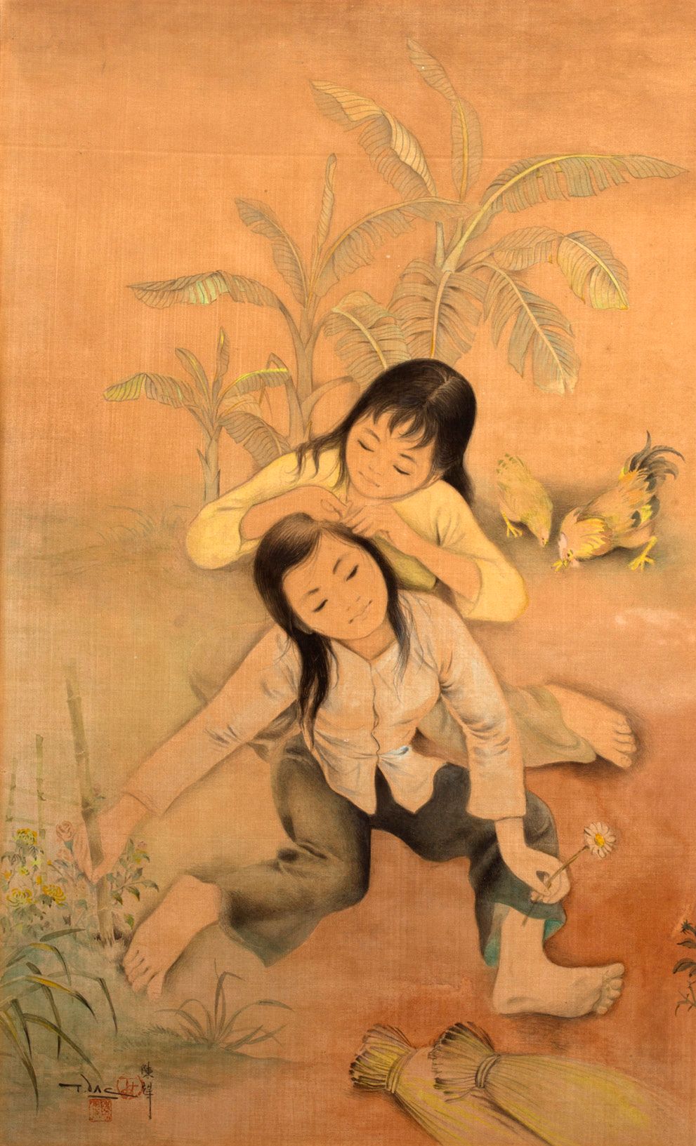 TRAN DAC (Né en 1922) 
发型

丝绸上的水墨和色彩，左下方有签名 

60.5 x 37 cm - 23 3/4 x 14 1/2 in.&hellip;