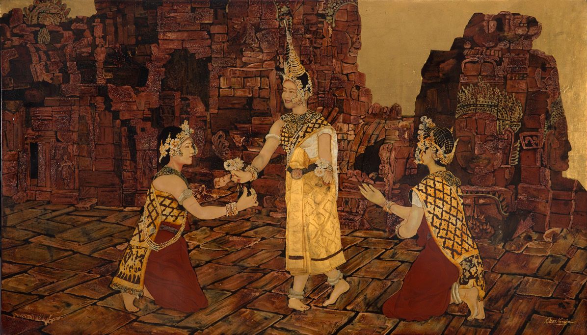 CHAN NGUYEN. ASIE DU SUD-EST, XXE SIÈCLE 
吴哥窟的皇家仪式

漆器和金银亮点，右下方有签名

70 x 121 cm &hellip;