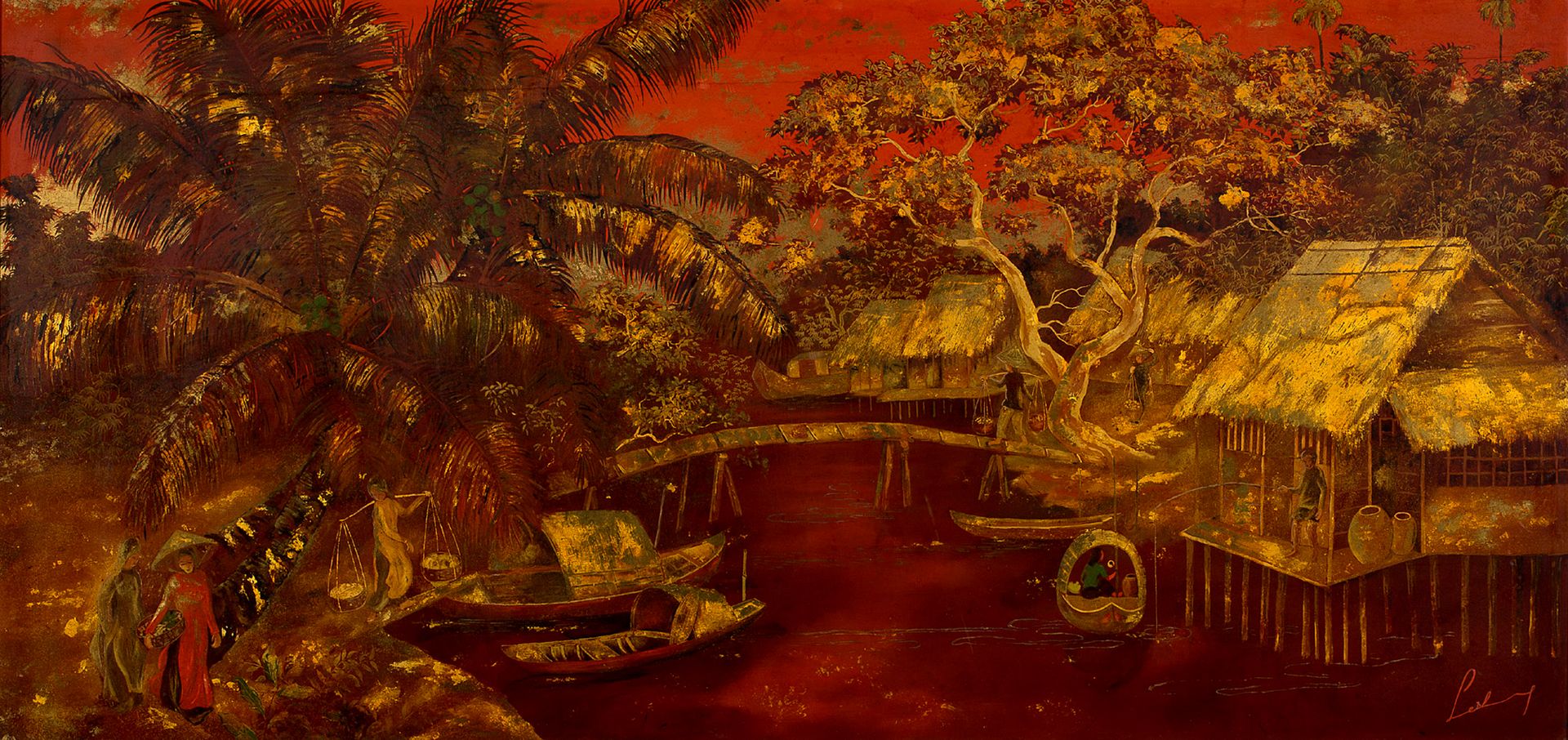LÊ THY (1919-?) 
水边的日常场景，约1930-1940年

漆器和金色亮点，右下方有签名

59.5 x 122.5 cm - 23 3/8 x&hellip;