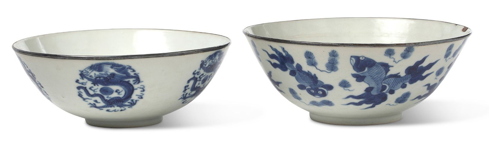 VIETNAM XIXe siècle 
Set of two blue-white porcelain bowls with metal rings, one&hellip;