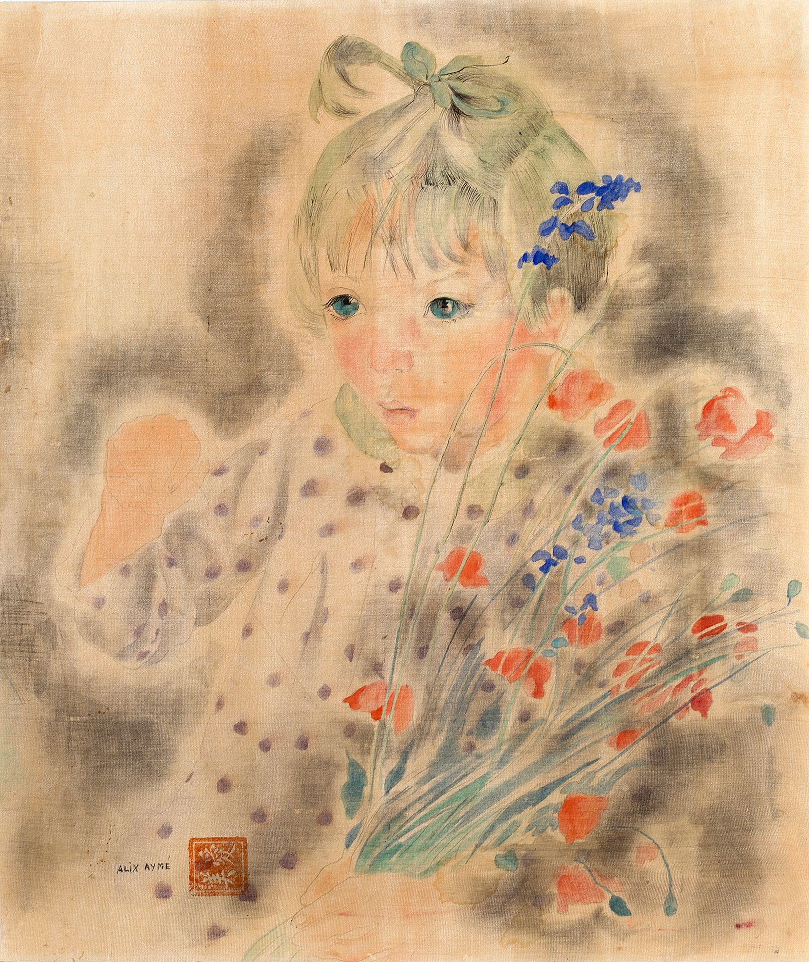 ALIX AYMÉ (1894-1989) 
女孩与罂粟花

丝绸上的水墨和色彩，左下方有签名

36.8 x 30.9 cm - 14 1/2 x 12 1/&hellip;