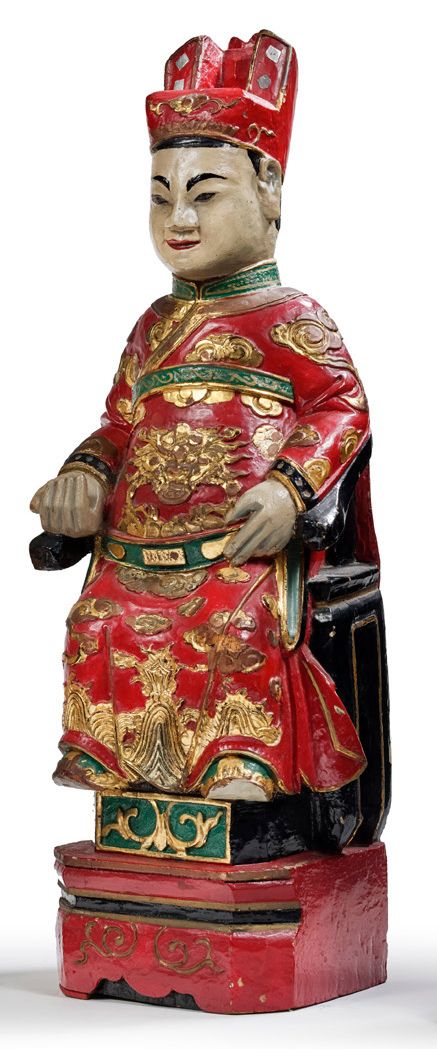 VIETNAM DEBUT XXe SIECLE 
红色、金色和绿色的多色硬木雕塑，代表TRAN王朝的第三位国王Trân Nhân Tông，他后来成为Trúc&hellip;