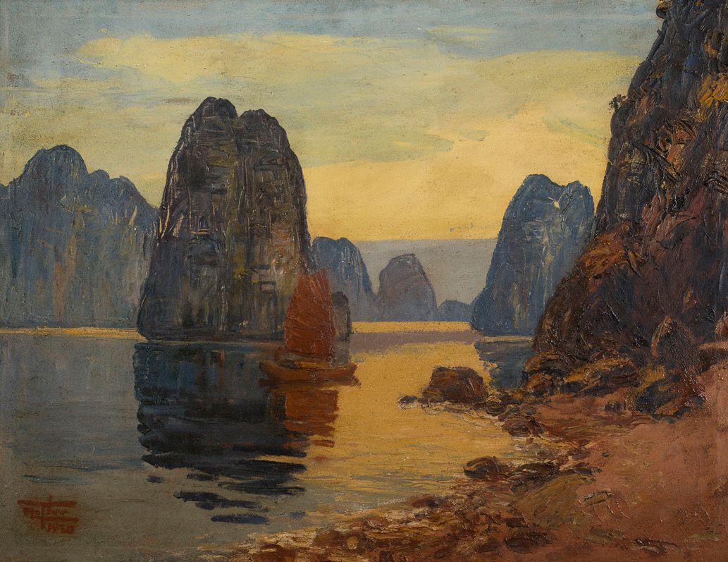 NGUYEN MAI THU (XXE SIÈCLE) 
沿着海湾与赭石的反射

布面油画，左下方有签名和日期

65 x 85 cm - 25 1/2 x 3&hellip;