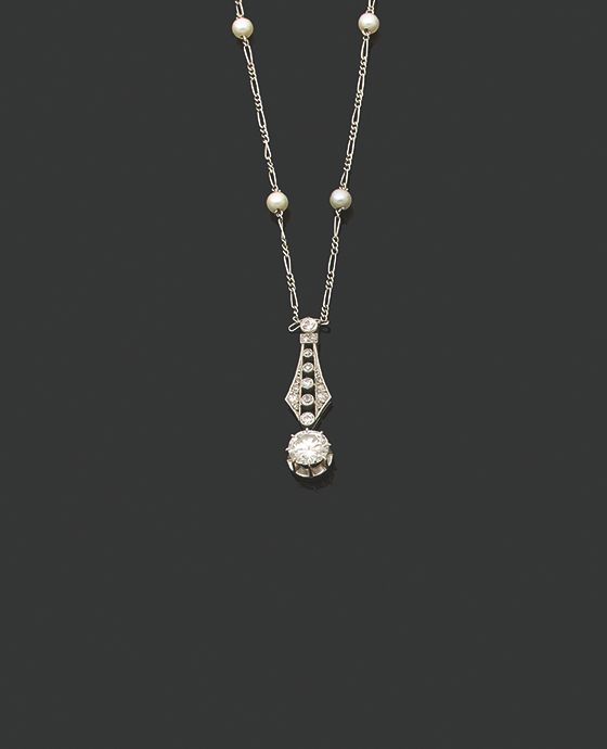 Null COLLIER Diamants ronds, perles, platine (950)
Poids du diamant en pendant :&hellip;