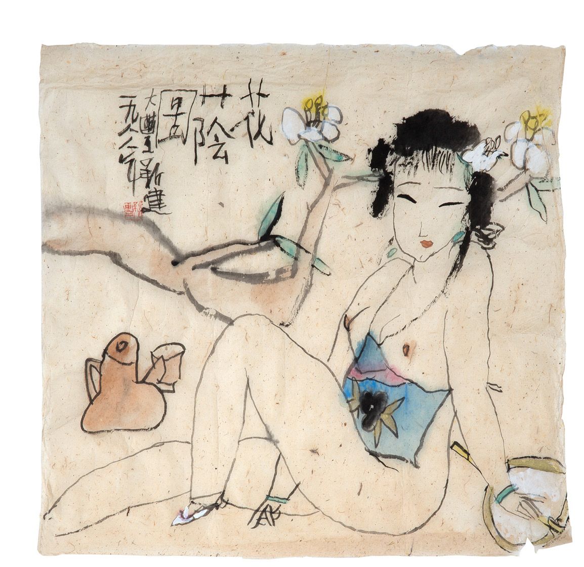 ZHU XINJIAN (1953-2014) 
在花的阴影中》，1988年 

水墨和彩色水洗，签名，日期，标题，位于左上方 

水墨和彩色拉维斯，签名、日期&hellip;