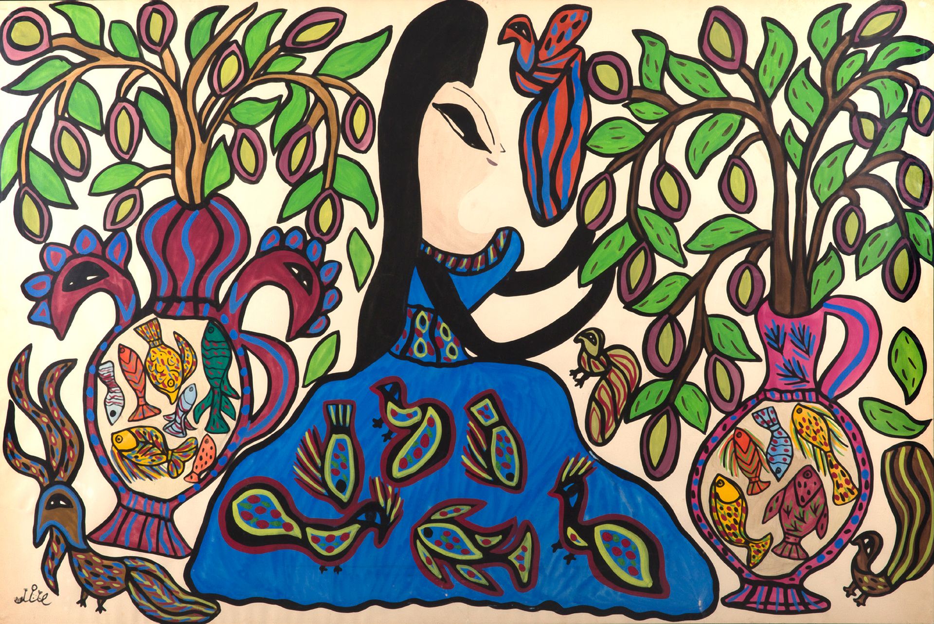 MAHIEDDINE BAYA (1931-1998) 
Donna nel giardino, 1968

Guazzo e acquerello su ca&hellip;